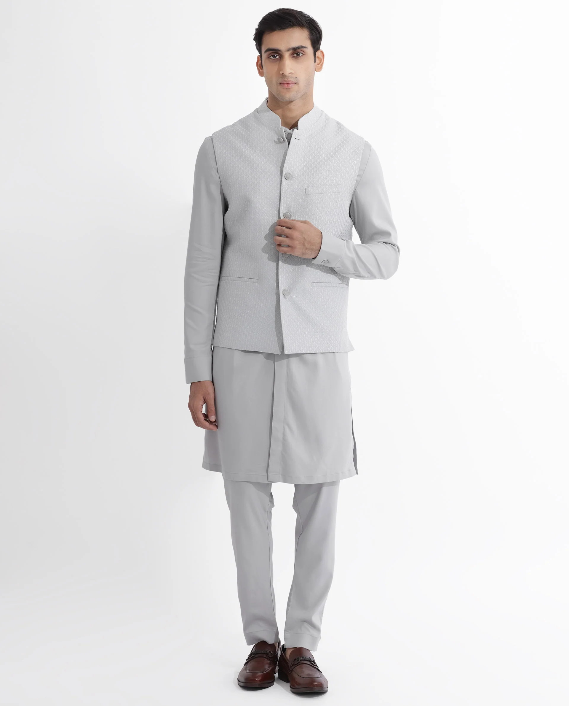 Rare Rabbit Men's Lasmosb Light Grey Embroidered Tailored Fit Sleeveless Mandarin Collar Bandhgala - Image 7