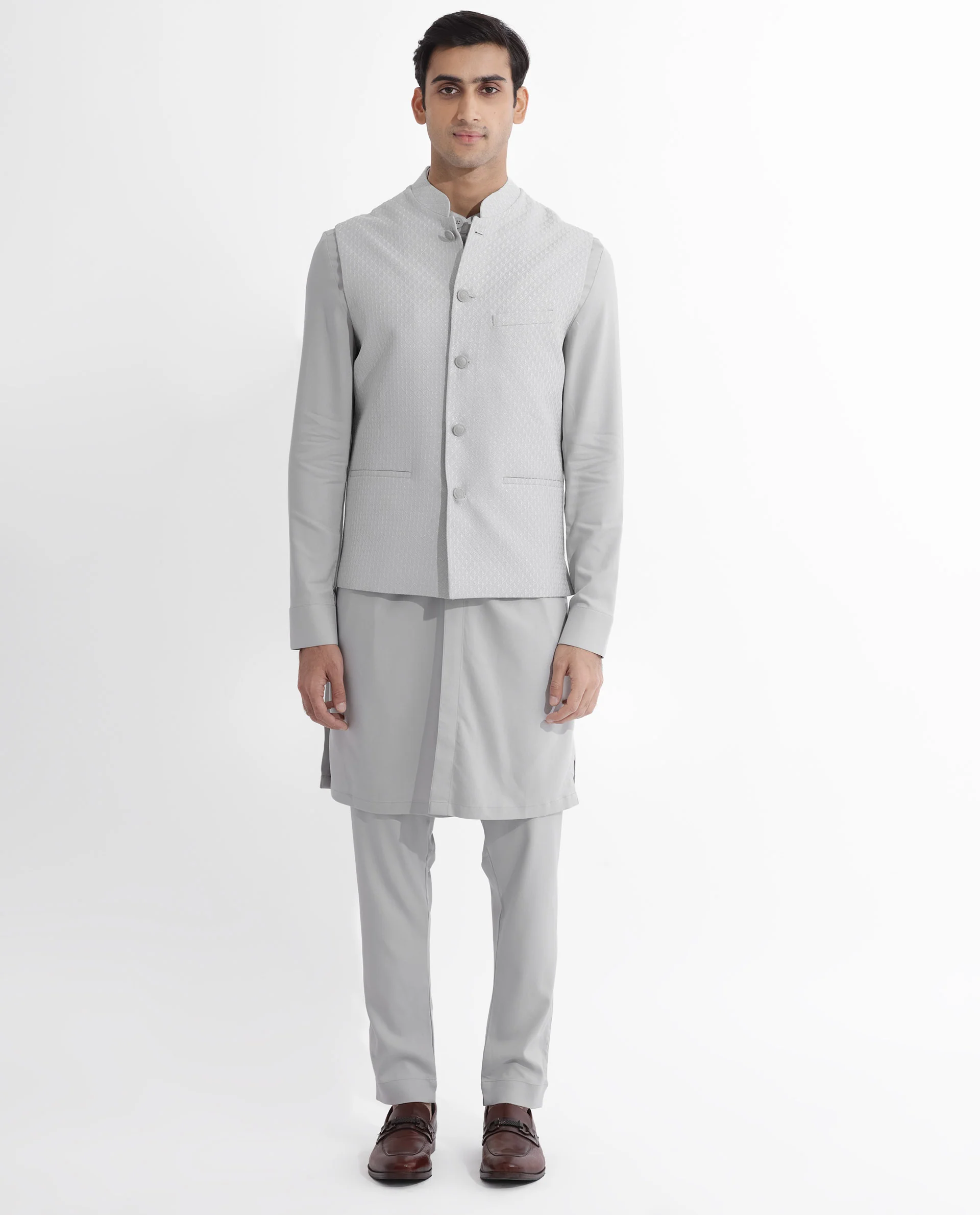 Rare Rabbit Men's Lasmosb Light Grey Embroidered Tailored Fit Sleeveless Mandarin Collar Bandhgala - Image 8
