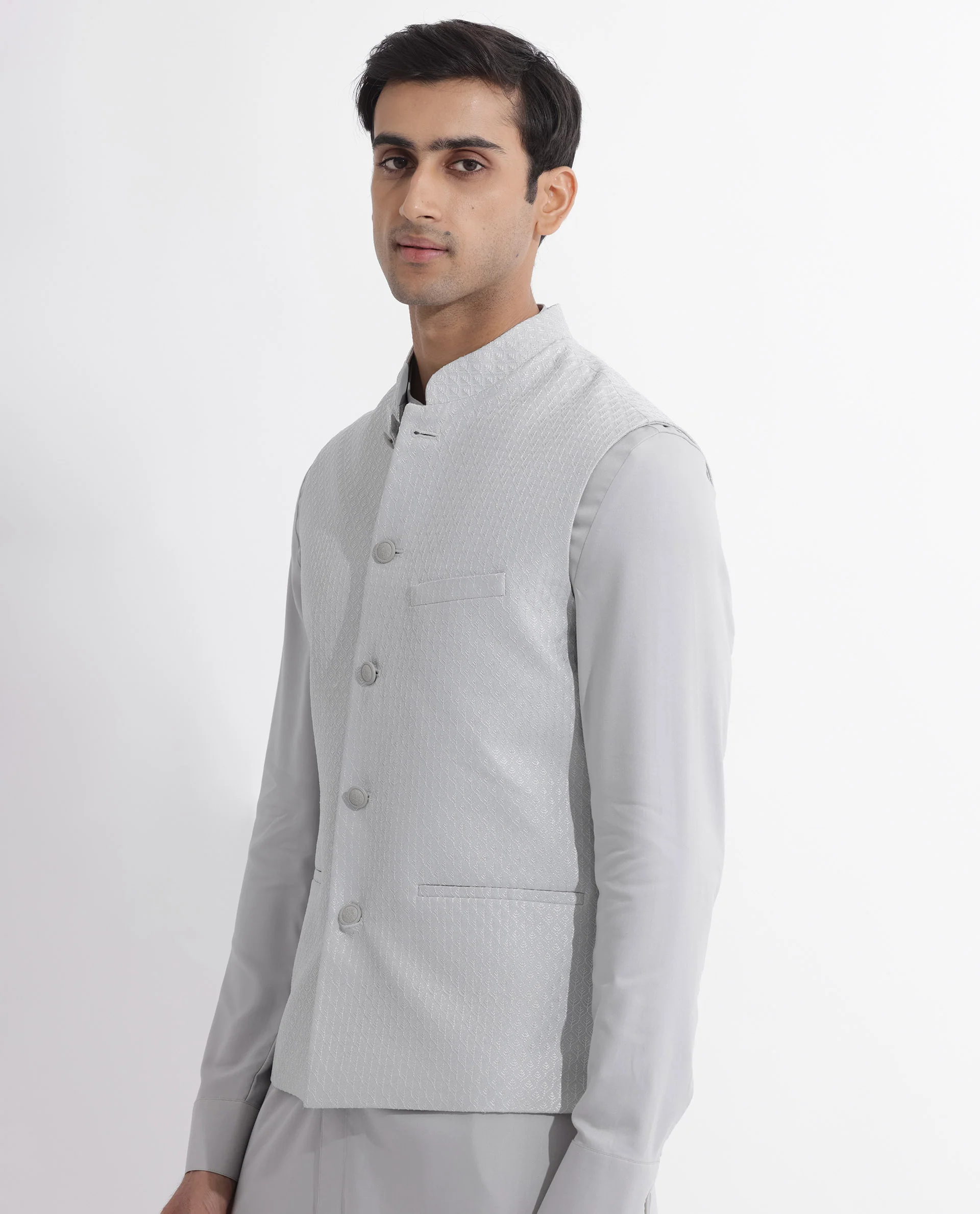 Rare Rabbit Men's Lasmosb Light Grey Embroidered Tailored Fit Sleeveless Mandarin Collar Bandhgala - Image 9
