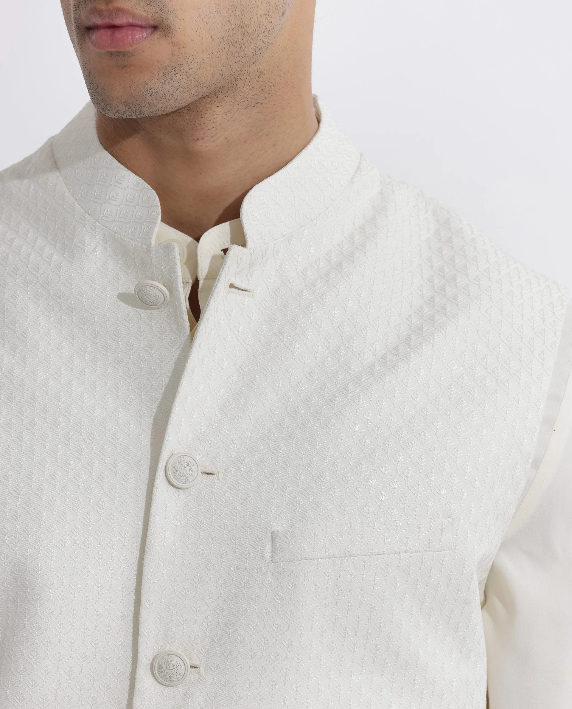 Rare Rabbit Men's Lasmosb Off White Embroidered Tailored Fit Sleeveless Mandarin Collar Bandhgala Rare Rabbit Men's Lasmos-B1 Beige Viscose Embroidered Regular Fit Sleeveless Mandarin Collar Bandhgala Nehru Jacket - Image 2