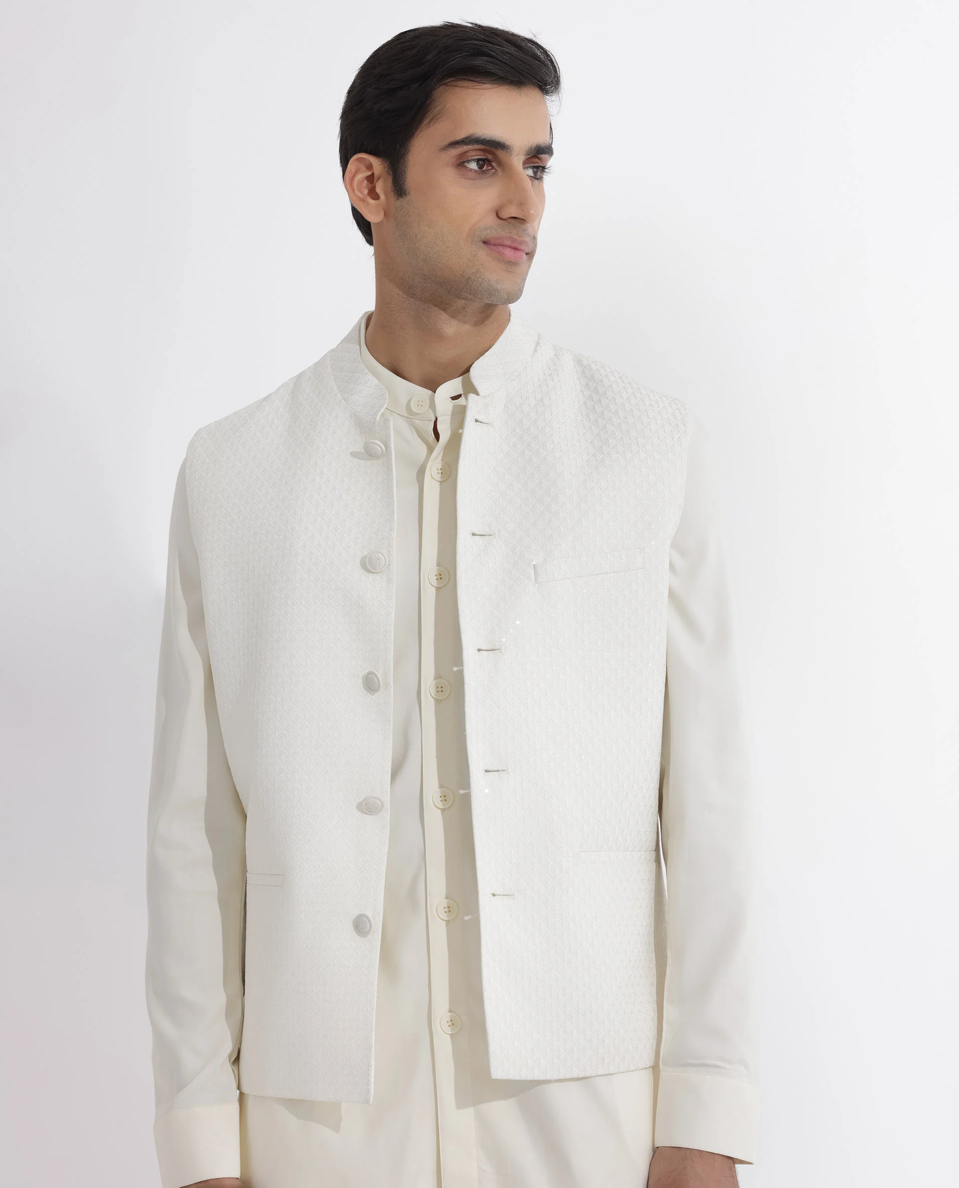 Rare Rabbit Men's Lasmosb Off White Embroidered Tailored Fit Sleeveless Mandarin Collar Bandhgala Rare Rabbit Men's Lasmos-B1 Beige Viscose Embroidered Regular Fit Sleeveless Mandarin Collar Bandhgala Nehru Jacket - Image 3