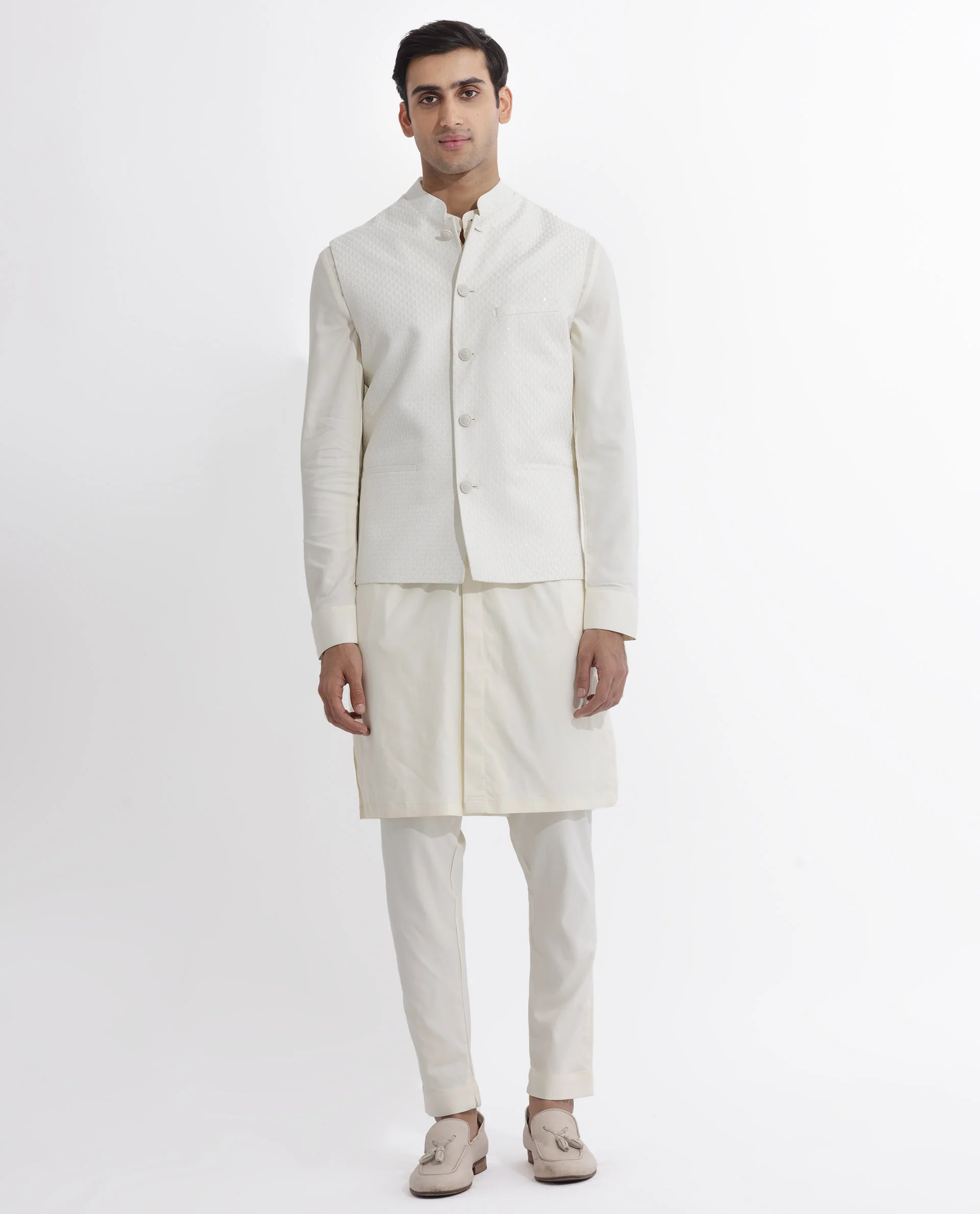 Rare Rabbit Men's Lasmosb Off White Embroidered Tailored Fit Sleeveless Mandarin Collar Bandhgala Rare Rabbit Men's Lasmos-B1 Beige Viscose Embroidered Regular Fit Sleeveless Mandarin Collar Bandhgala Nehru Jacket - Image 5