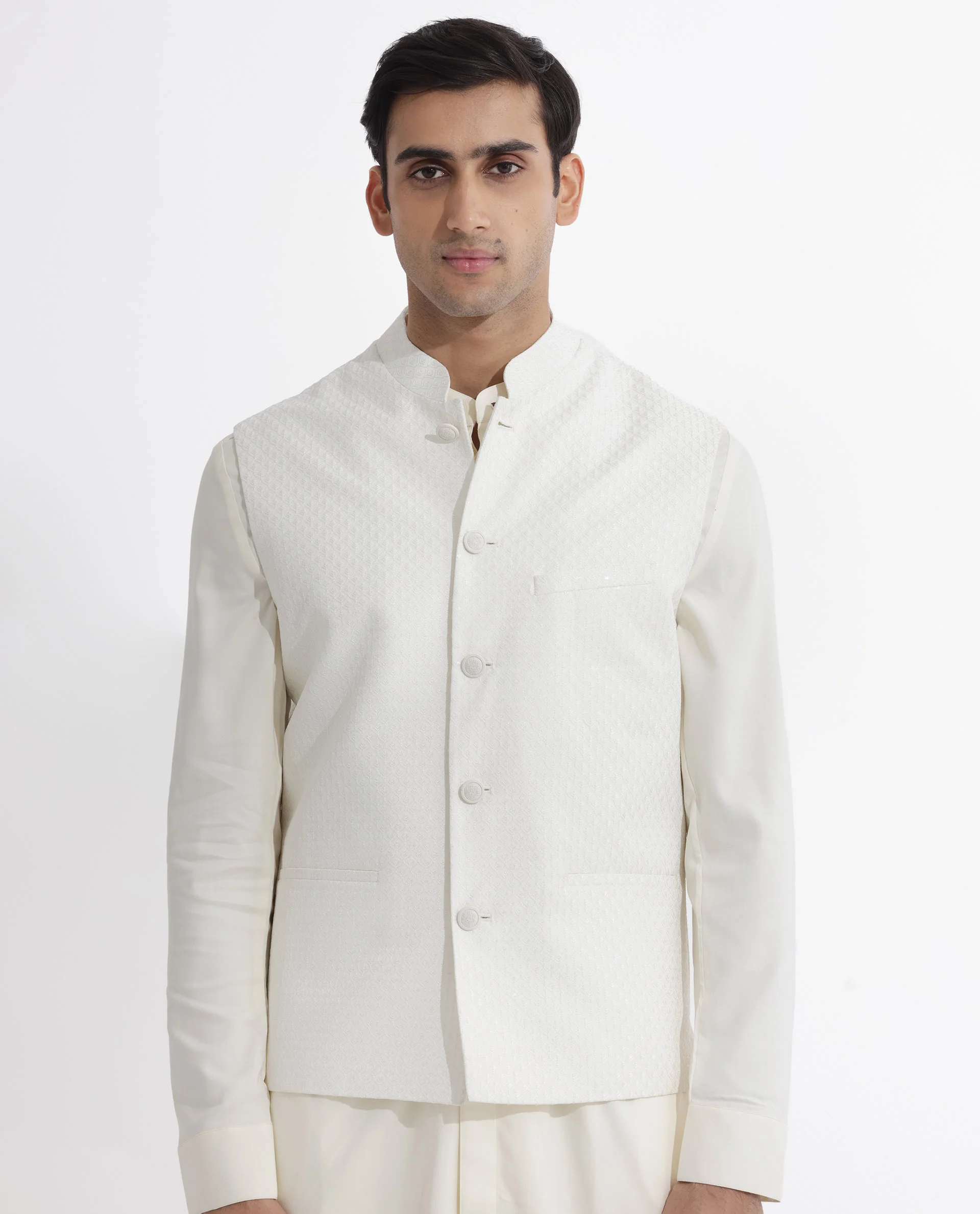 Rare Rabbit Men's Lasmosb Off White Embroidered Tailored Fit Sleeveless Mandarin Collar Bandhgala Rare Rabbit Men's Lasmos-B1 Beige Viscose Embroidered Regular Fit Sleeveless Mandarin Collar Bandhgala Nehru Jacket - Image 6