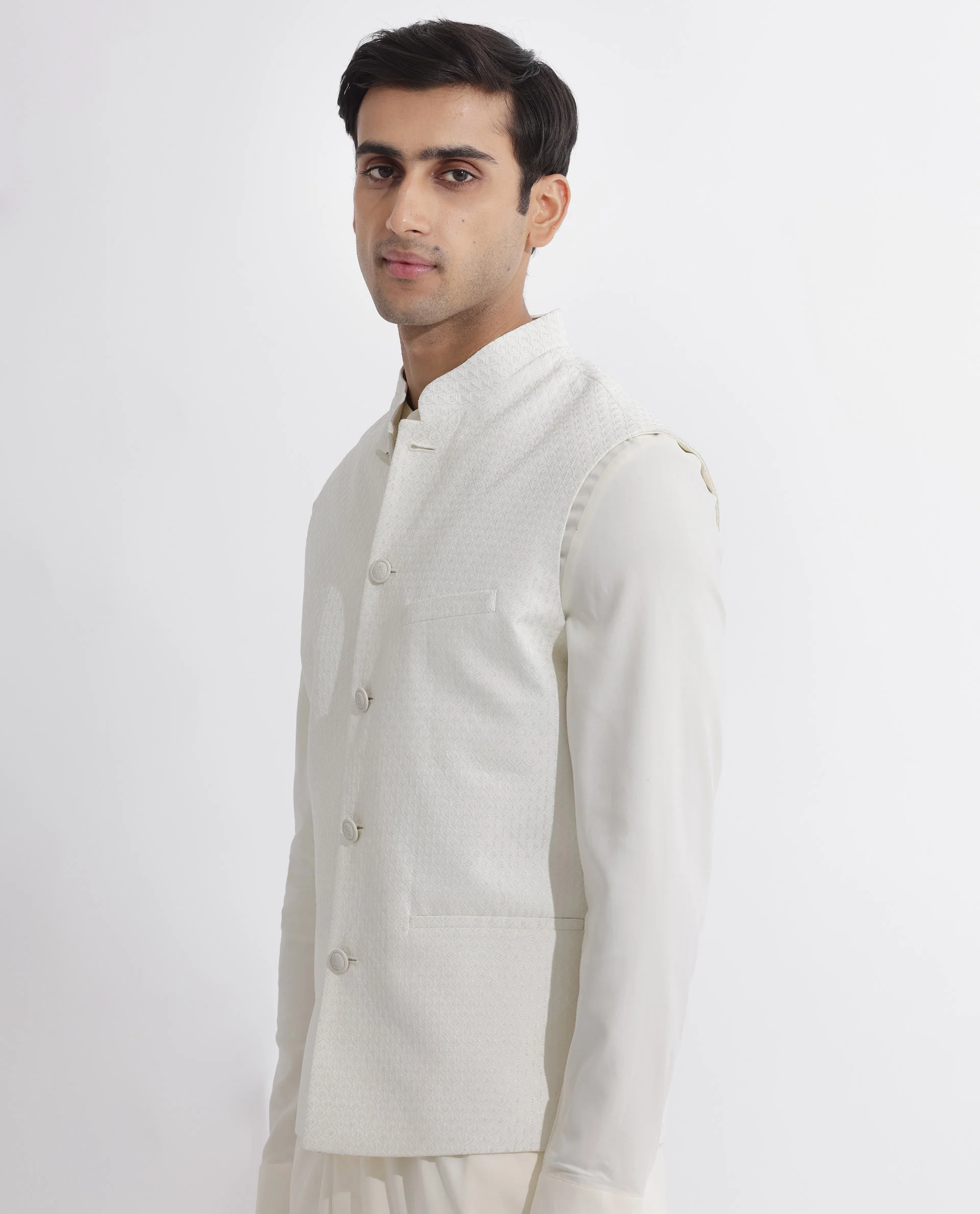 Rare Rabbit Men's Lasmosb Off White Embroidered Tailored Fit Sleeveless Mandarin Collar Bandhgala Rare Rabbit Men's Lasmos-B1 Beige Viscose Embroidered Regular Fit Sleeveless Mandarin Collar Bandhgala Nehru Jacket - Image 7