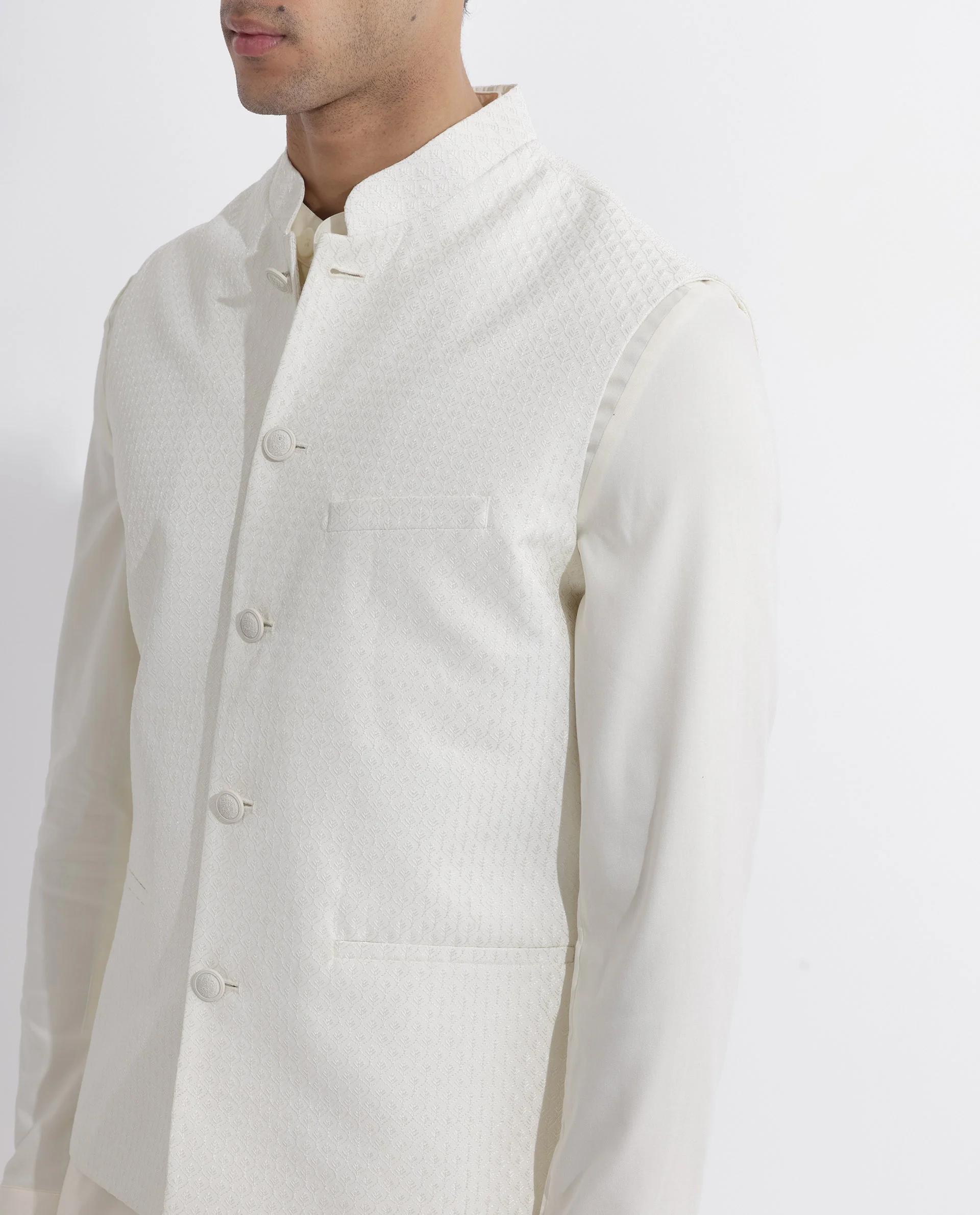 Rare Rabbit Men's Lasmosb Off White Embroidered Tailored Fit Sleeveless Mandarin Collar Bandhgala Rare Rabbit Men's Lasmos-B1 Beige Viscose Embroidered Regular Fit Sleeveless Mandarin Collar Bandhgala Nehru Jacket - Image 9
