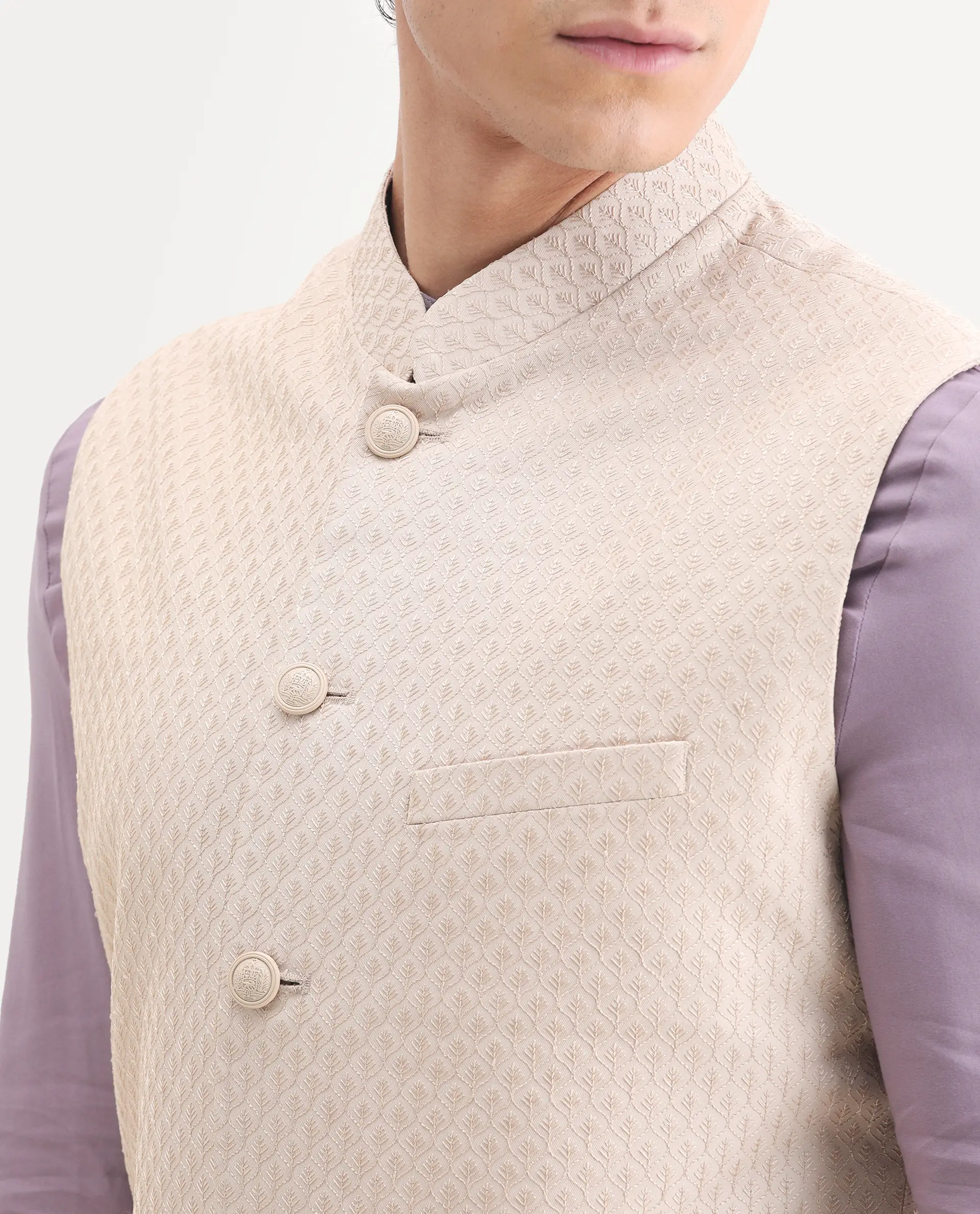 Rare Rabbit Men's Lasmos-B1 Beige Viscose Embroidered Regular Fit Sleeveless Mandarin Collar Bandhgala Nehru Jacket - Image 3