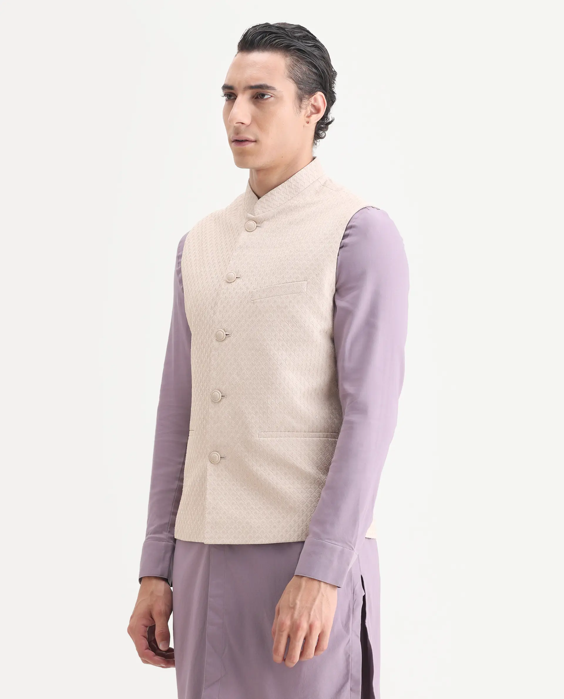 Rare Rabbit Men's Lasmos-B1 Beige Viscose Embroidered Regular Fit Sleeveless Mandarin Collar Bandhgala Nehru Jacket - Image 4