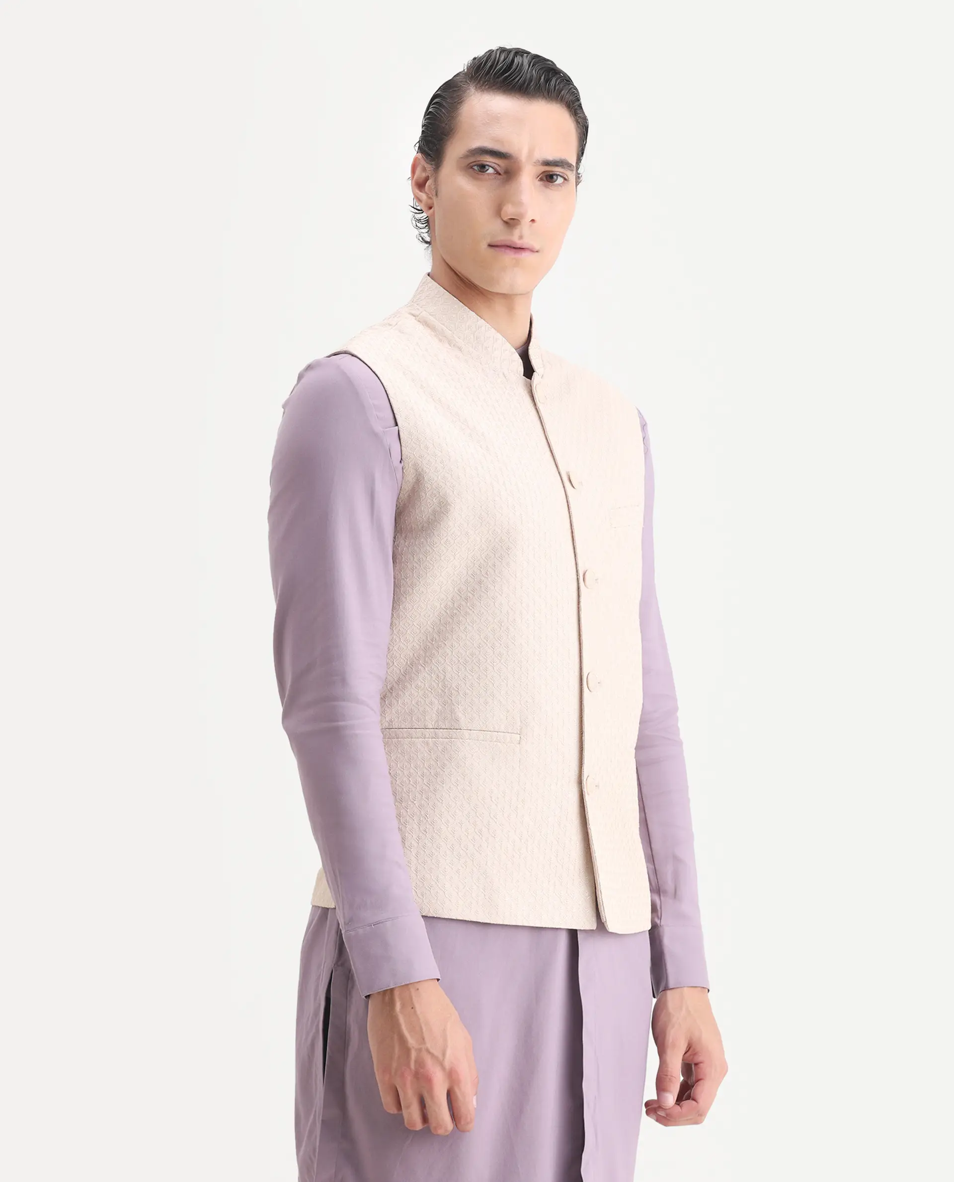 Rare Rabbit Men's Lasmos-B1 Beige Viscose Embroidered Regular Fit Sleeveless Mandarin Collar Bandhgala Nehru Jacket - Image 5