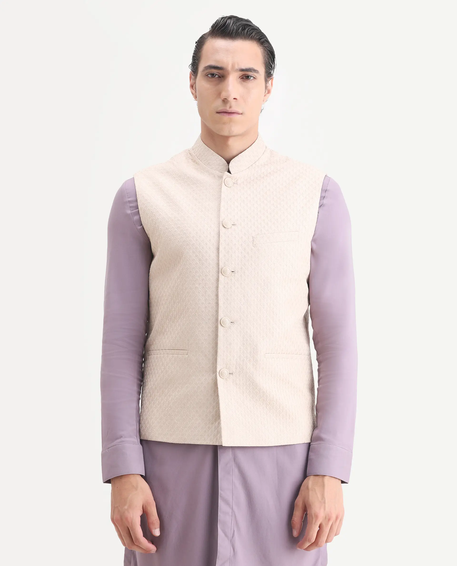 Rare Rabbit Men's Lasmos-B1 Beige Viscose Embroidered Regular Fit Sleeveless Mandarin Collar Bandhgala Nehru Jacket - Image 6