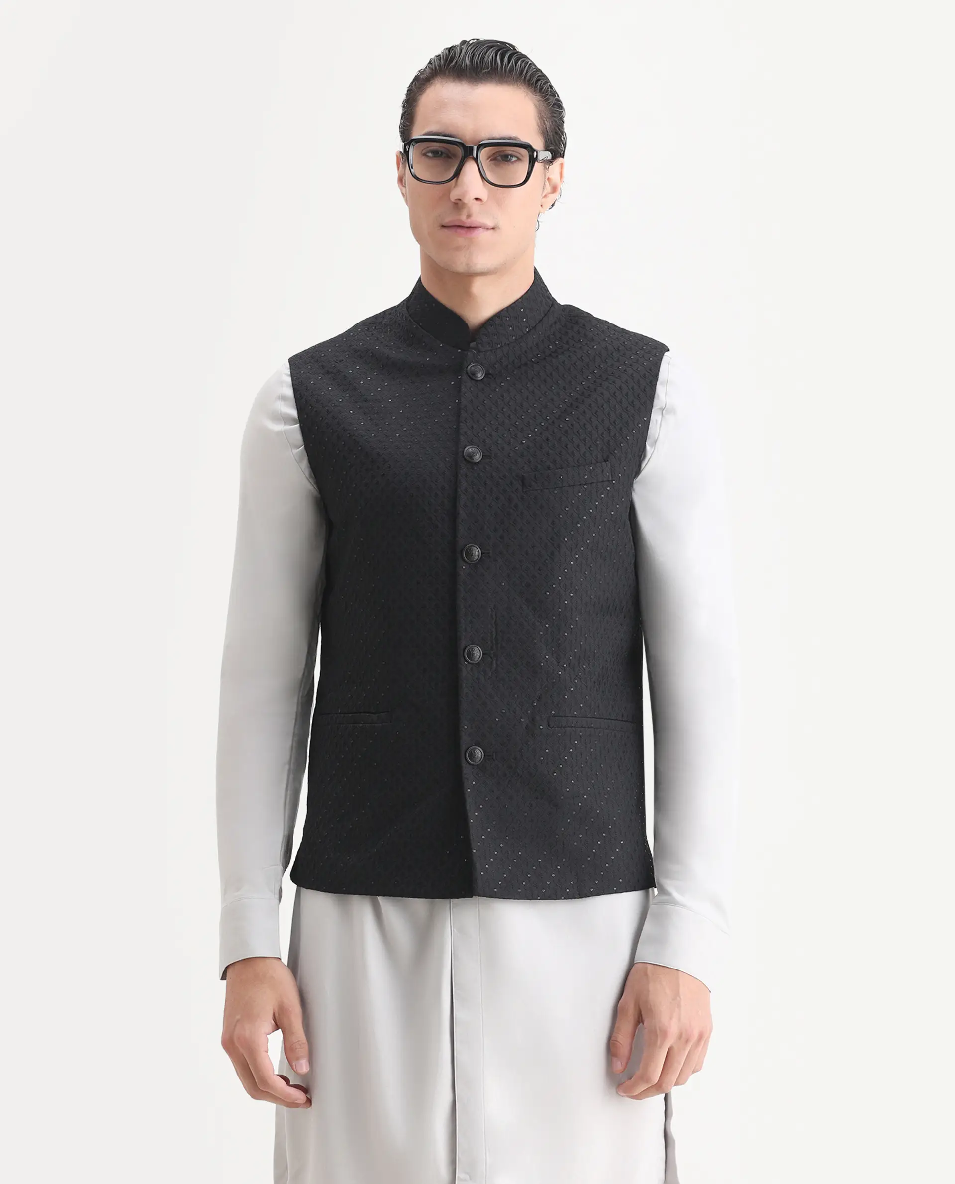 Rare Rabbit Men's Lasmos-B1 Black Viscose Embroidered Regular Fit Sleeveless Mandarin Collar Bandhgala Rare Rabbit Men's Lasmos-B1 Beige Viscose Embroidered Regular Fit Sleeveless Mandarin Collar Bandhgala Nehru Jacket