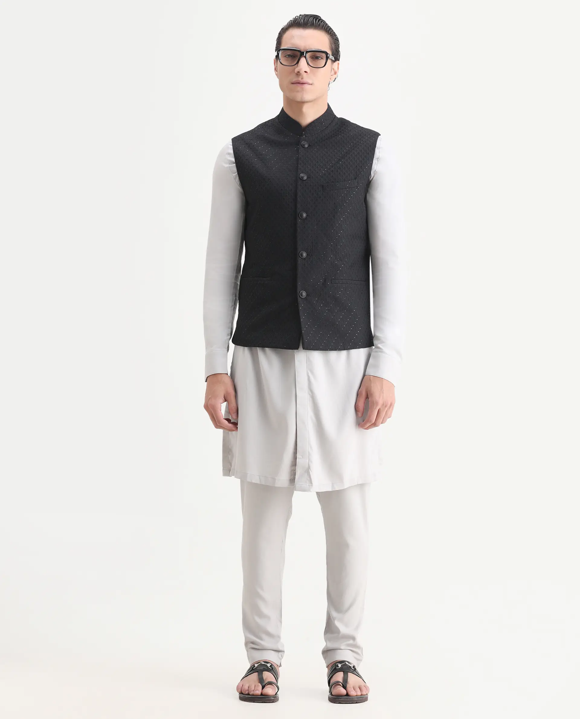 Rare Rabbit Men's Lasmos-B1 Black Viscose Embroidered Regular Fit Sleeveless Mandarin Collar Bandhgala Rare Rabbit Men's Lasmos-B1 Beige Viscose Embroidered Regular Fit Sleeveless Mandarin Collar Bandhgala Nehru Jacket - Image 2
