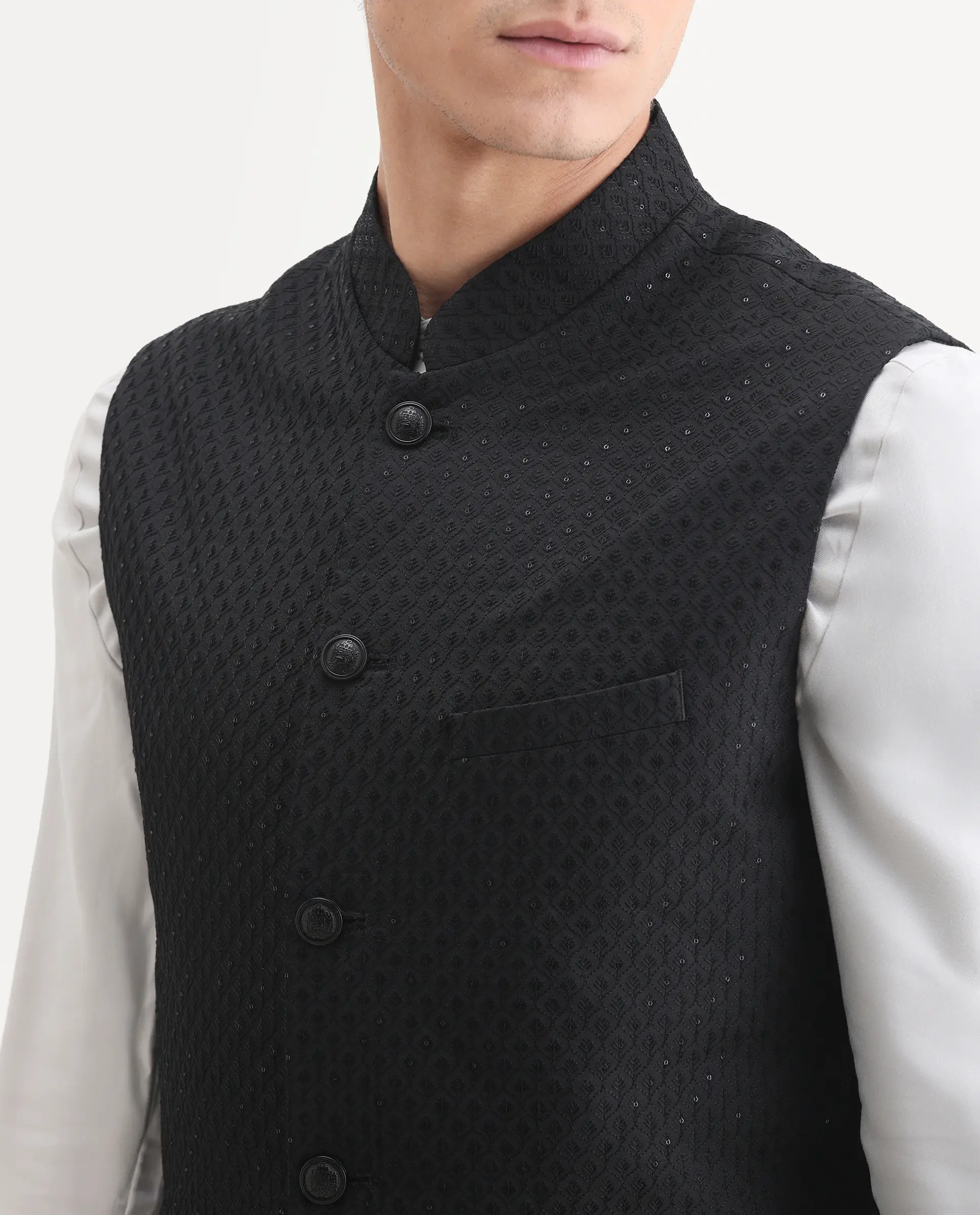 Rare Rabbit Men's Lasmos-B1 Black Viscose Embroidered Regular Fit Sleeveless Mandarin Collar Bandhgala Rare Rabbit Men's Lasmos-B1 Beige Viscose Embroidered Regular Fit Sleeveless Mandarin Collar Bandhgala Nehru Jacket - Image 3