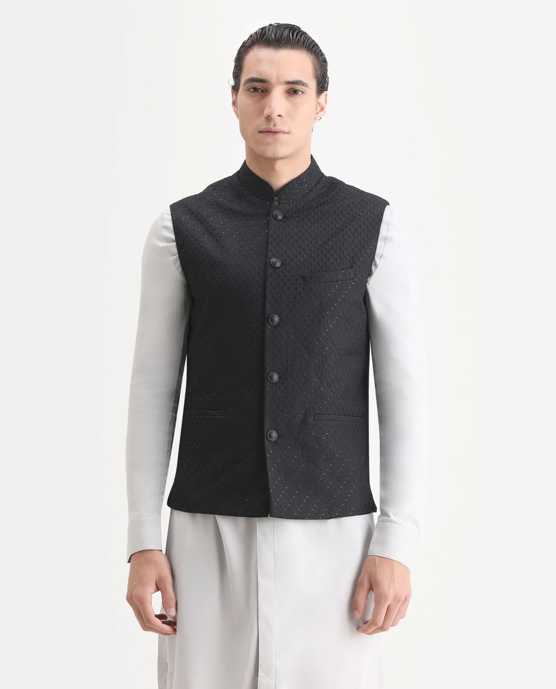 Rare Rabbit Men's Lasmos-B1 Black Viscose Embroidered Regular Fit Sleeveless Mandarin Collar Bandhgala Rare Rabbit Men's Lasmos-B1 Beige Viscose Embroidered Regular Fit Sleeveless Mandarin Collar Bandhgala Nehru Jacket - Image 4
