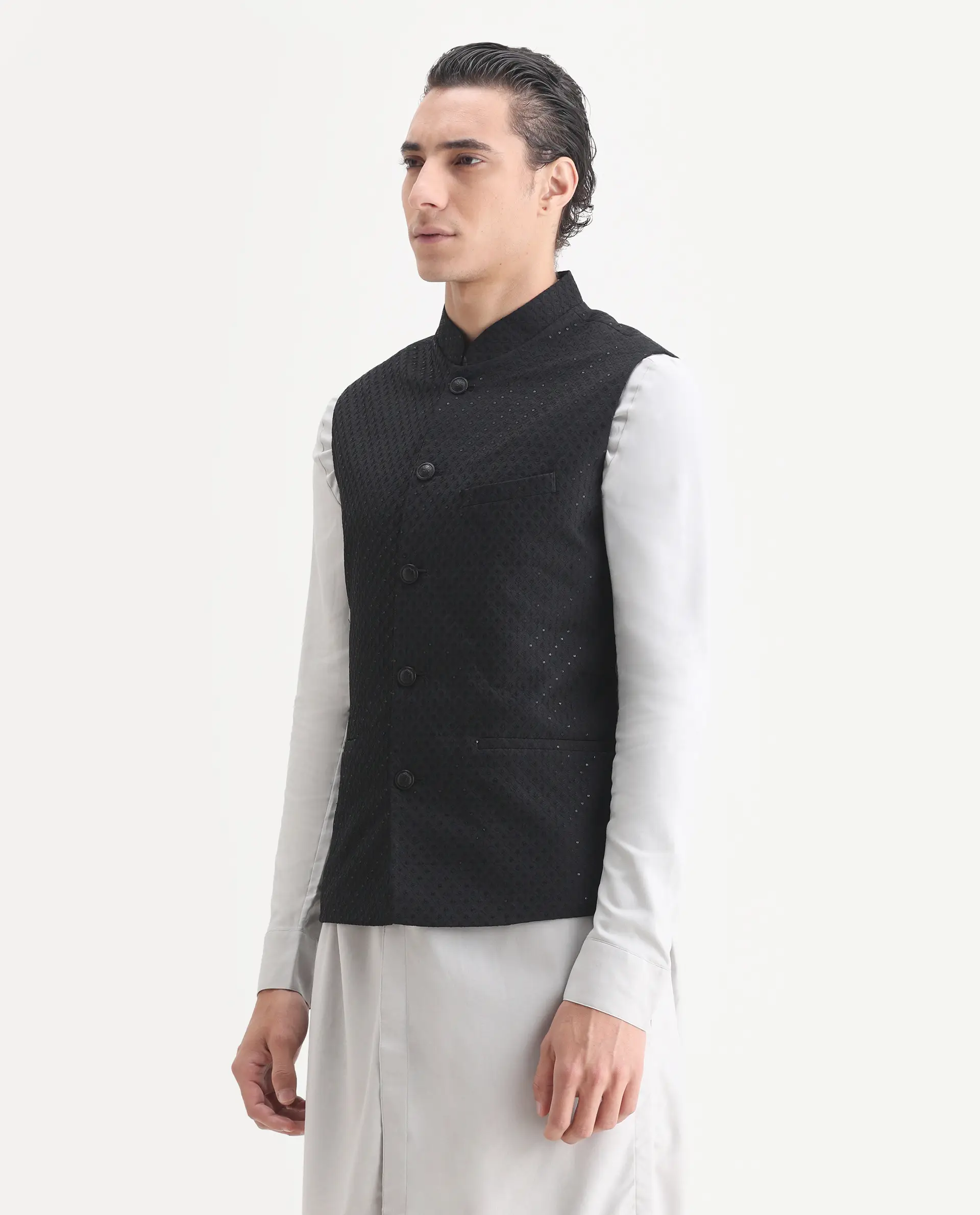 Rare Rabbit Men's Lasmos-B1 Black Viscose Embroidered Regular Fit Sleeveless Mandarin Collar Bandhgala Rare Rabbit Men's Lasmos-B1 Beige Viscose Embroidered Regular Fit Sleeveless Mandarin Collar Bandhgala Nehru Jacket - Image 5