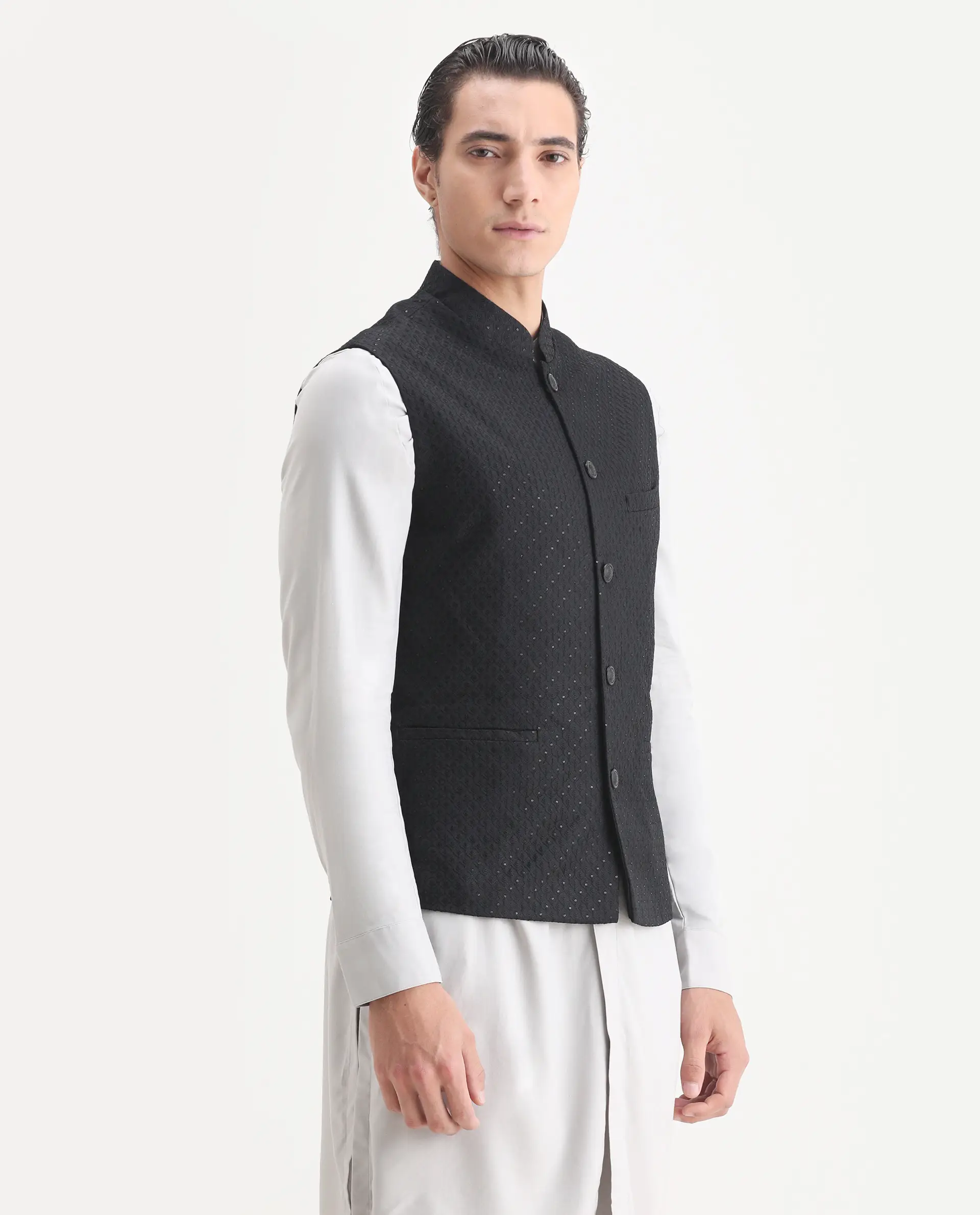 Rare Rabbit Men's Lasmos-B1 Black Viscose Embroidered Regular Fit Sleeveless Mandarin Collar Bandhgala Rare Rabbit Men's Lasmos-B1 Beige Viscose Embroidered Regular Fit Sleeveless Mandarin Collar Bandhgala Nehru Jacket - Image 6
