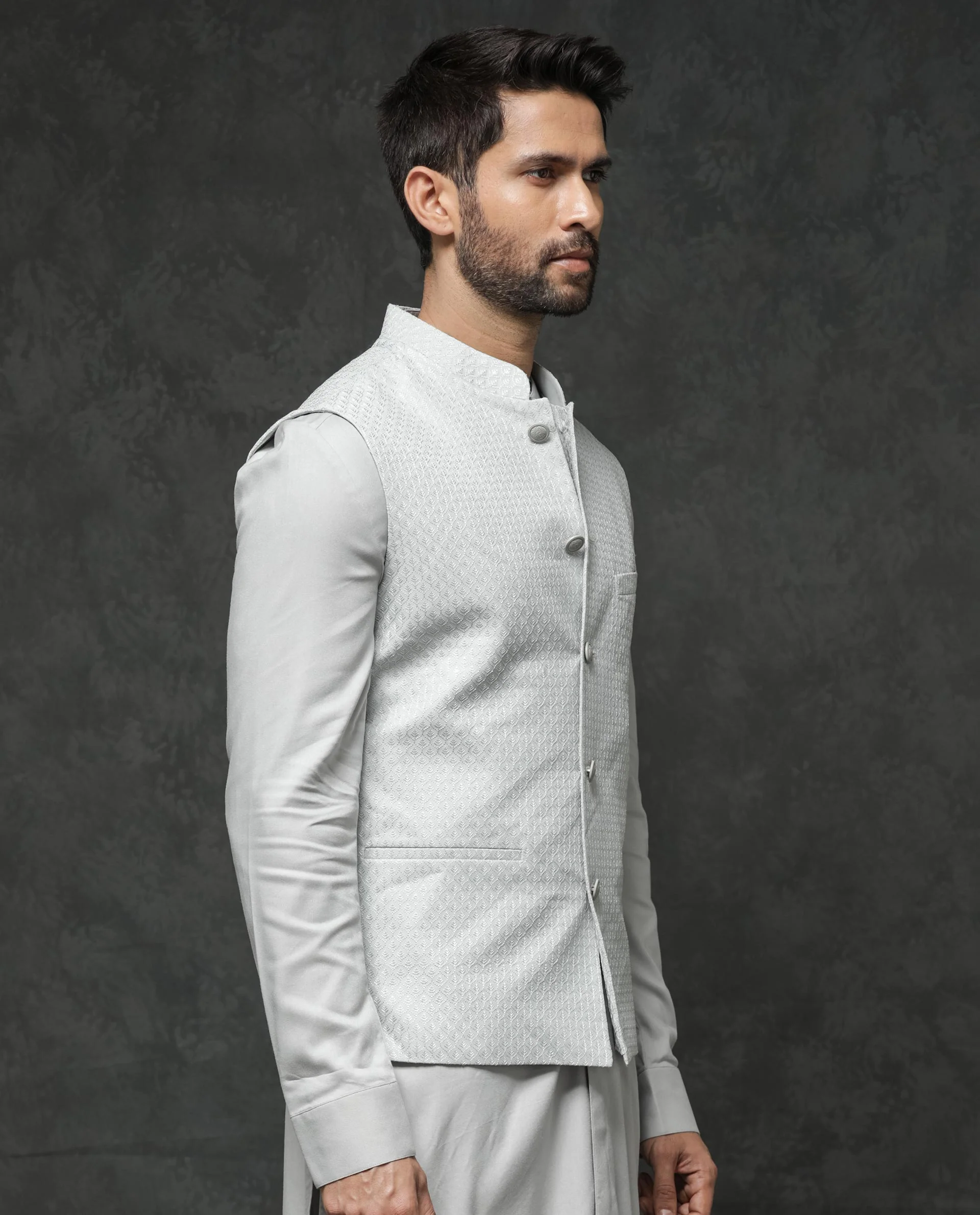 Rare Rabbit Men's Guild Festive Lasmos B1 Light Grey Viscose Embroidered Regular Fit Sleeveless Mandarin Collar Bandhgala Rare Rabbit Men's Lasmos-B1 Beige Viscose Embroidered Regular Fit Sleeveless Mandarin Collar Bandhgala Nehru Jacket - Image 10
