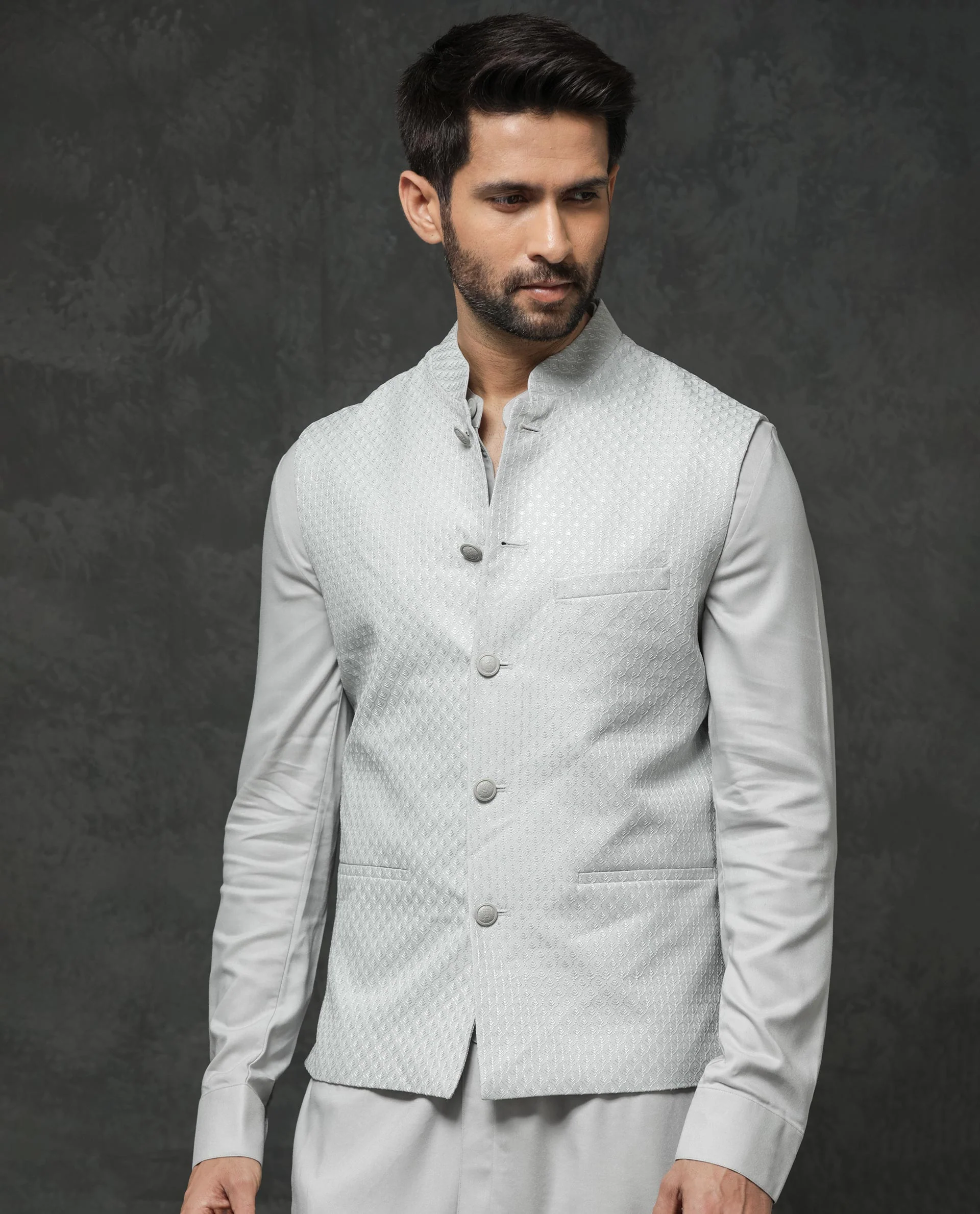 Rare Rabbit Men's Guild Festive Lasmos B1 Light Grey Viscose Embroidered Regular Fit Sleeveless Mandarin Collar Bandhgala Rare Rabbit Men's Lasmos-B1 Beige Viscose Embroidered Regular Fit Sleeveless Mandarin Collar Bandhgala Nehru Jacket - Image 11
