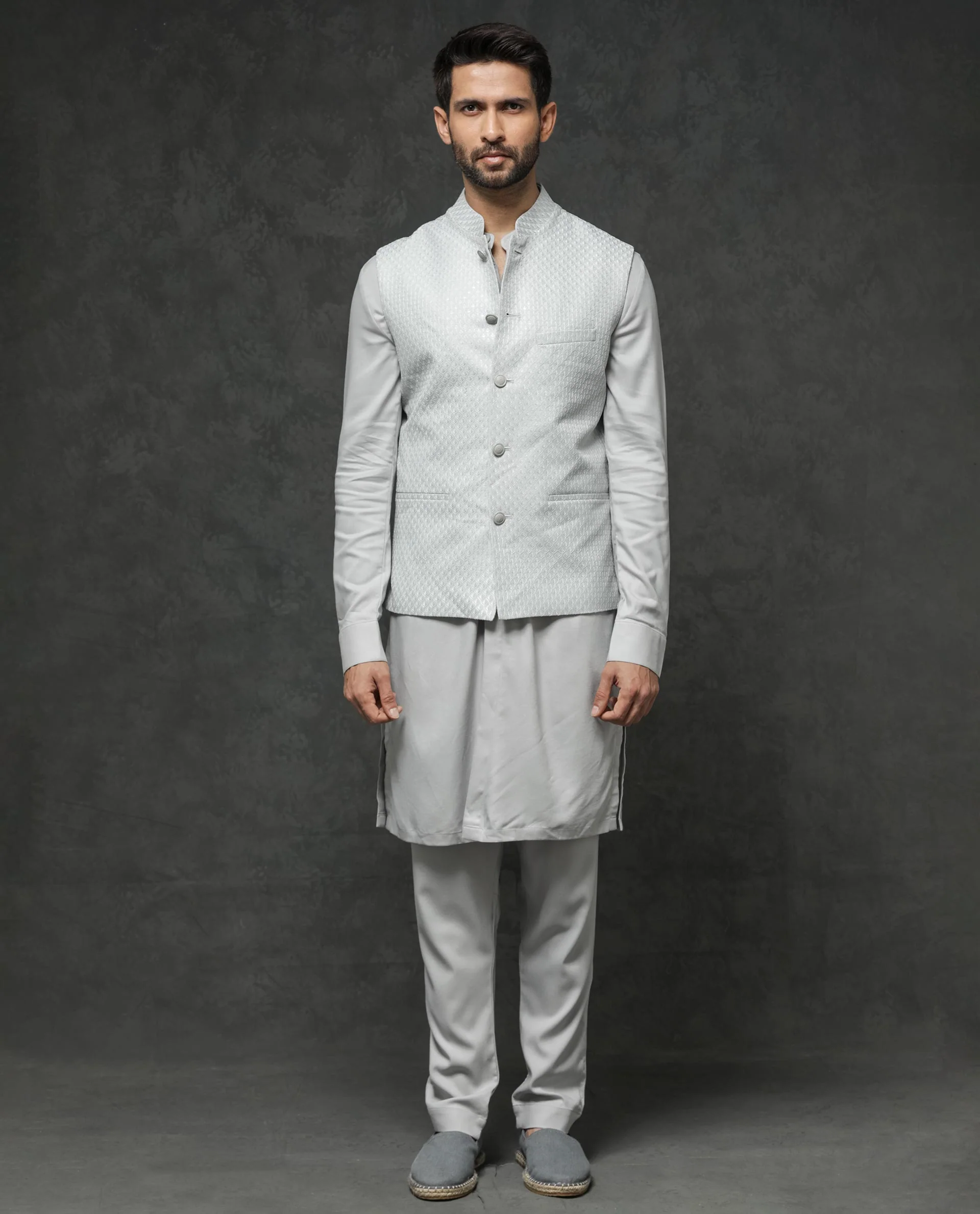 Rare Rabbit Men's Guild Festive Lasmos B1 Light Grey Viscose Embroidered Regular Fit Sleeveless Mandarin Collar Bandhgala Rare Rabbit Men's Lasmos-B1 Beige Viscose Embroidered Regular Fit Sleeveless Mandarin Collar Bandhgala Nehru Jacket - Image 12