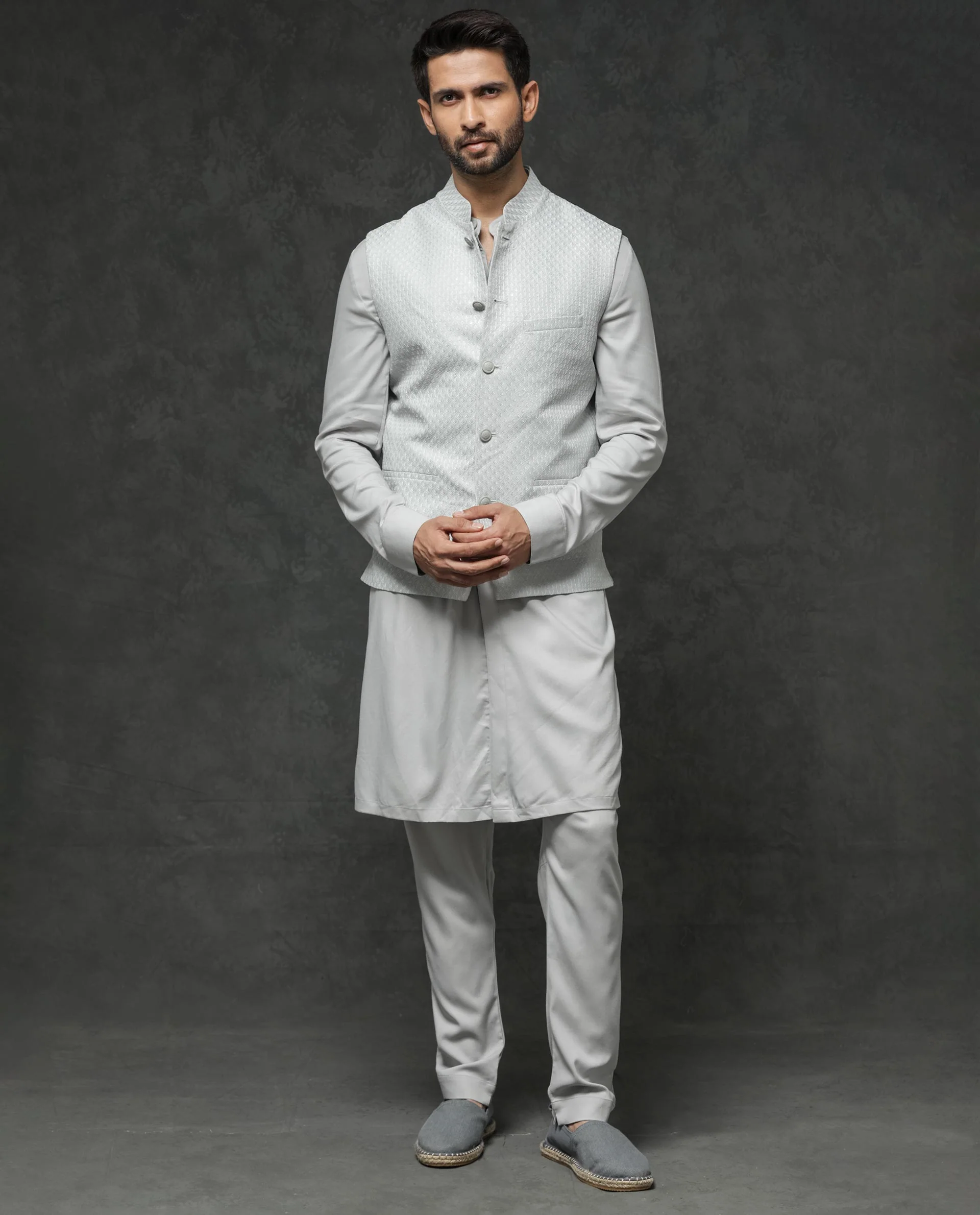 Rare Rabbit Men's Guild Festive Lasmos B1 Light Grey Viscose Embroidered Regular Fit Sleeveless Mandarin Collar Bandhgala Rare Rabbit Men's Lasmos-B1 Beige Viscose Embroidered Regular Fit Sleeveless Mandarin Collar Bandhgala Nehru Jacket - Image 2