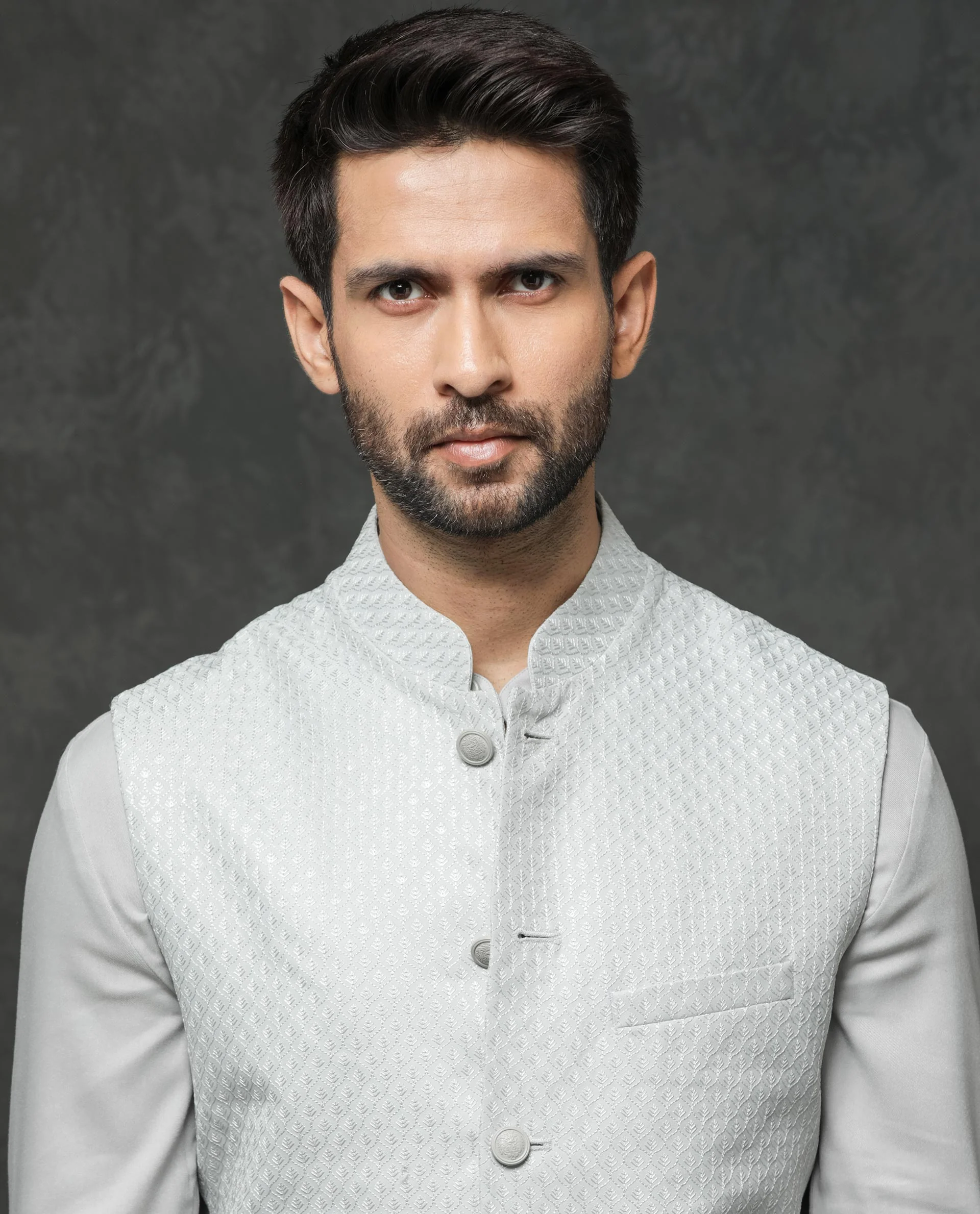 Rare Rabbit Men's Guild Festive Lasmos B1 Light Grey Viscose Embroidered Regular Fit Sleeveless Mandarin Collar Bandhgala Rare Rabbit Men's Lasmos-B1 Beige Viscose Embroidered Regular Fit Sleeveless Mandarin Collar Bandhgala Nehru Jacket - Image 3