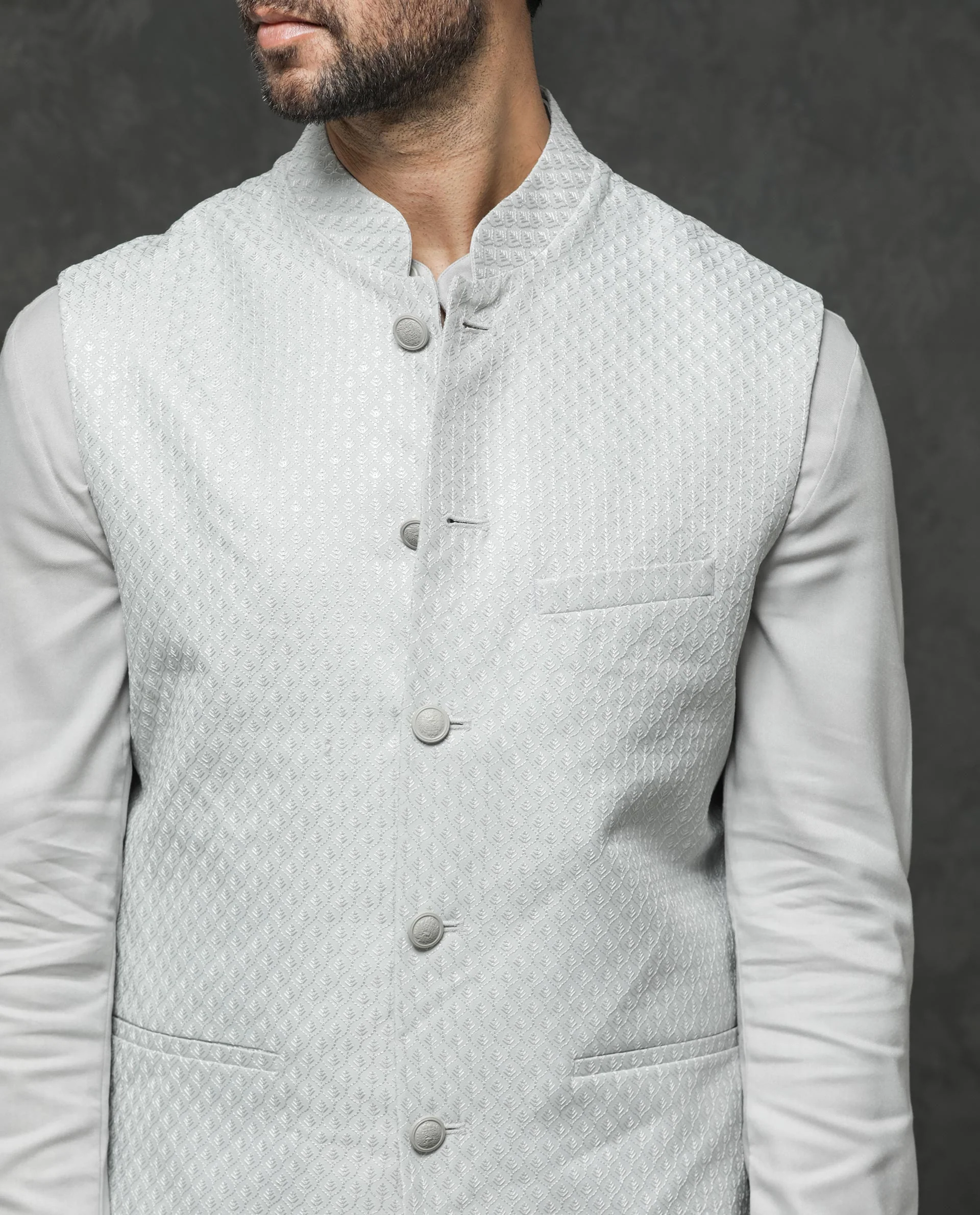 Rare Rabbit Men's Guild Festive Lasmos B1 Light Grey Viscose Embroidered Regular Fit Sleeveless Mandarin Collar Bandhgala Rare Rabbit Men's Lasmos-B1 Beige Viscose Embroidered Regular Fit Sleeveless Mandarin Collar Bandhgala Nehru Jacket - Image 5