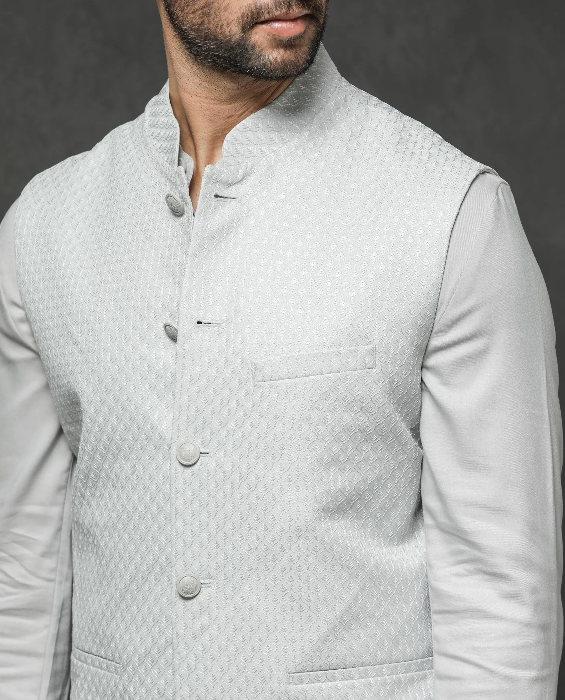 Rare Rabbit Men's Guild Festive Lasmos B1 Light Grey Viscose Embroidered Regular Fit Sleeveless Mandarin Collar Bandhgala Rare Rabbit Men's Lasmos-B1 Beige Viscose Embroidered Regular Fit Sleeveless Mandarin Collar Bandhgala Nehru Jacket - Image 7