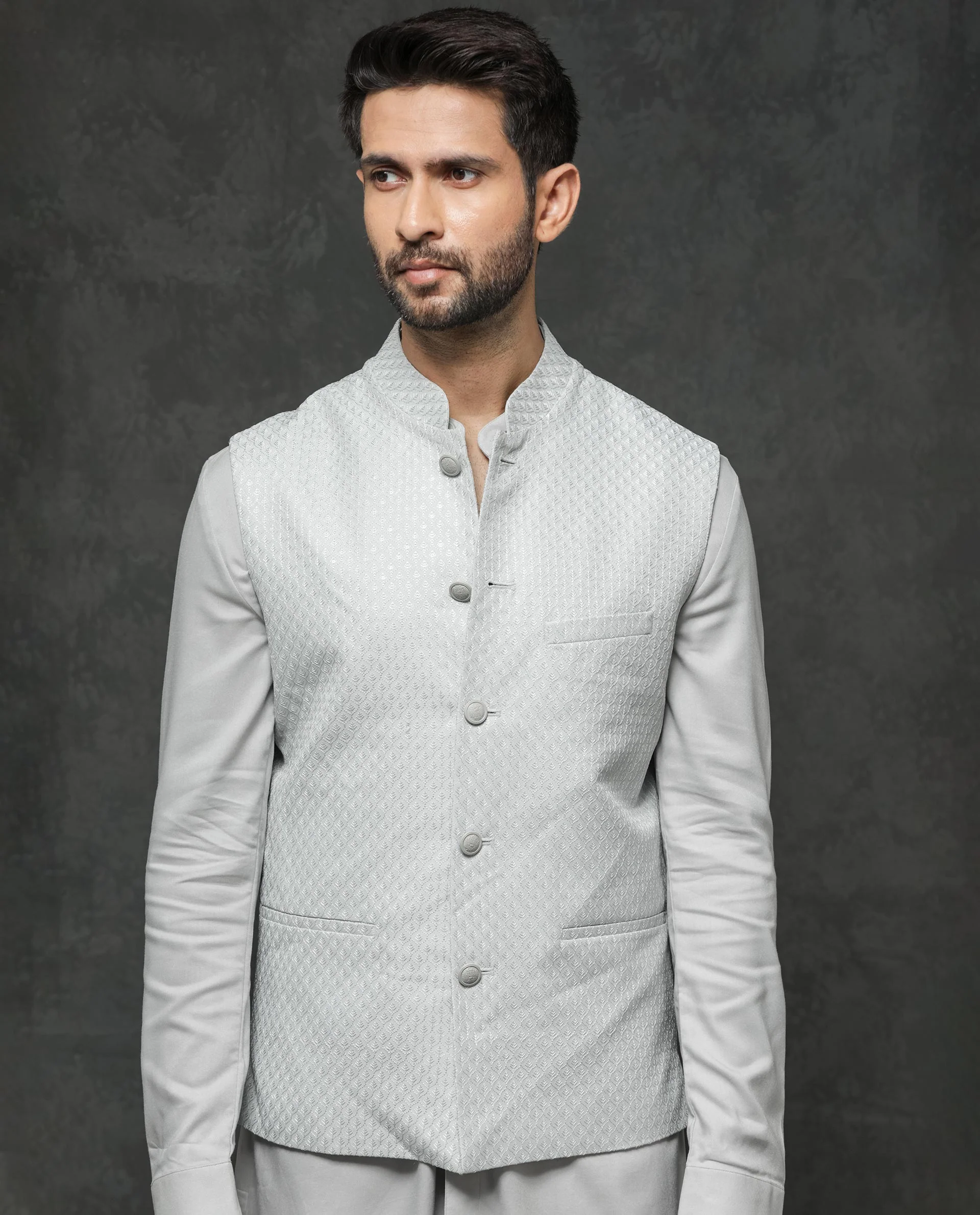 Rare Rabbit Men's Guild Festive Lasmos B1 Light Grey Viscose Embroidered Regular Fit Sleeveless Mandarin Collar Bandhgala Rare Rabbit Men's Lasmos-B1 Beige Viscose Embroidered Regular Fit Sleeveless Mandarin Collar Bandhgala Nehru Jacket - Image 8