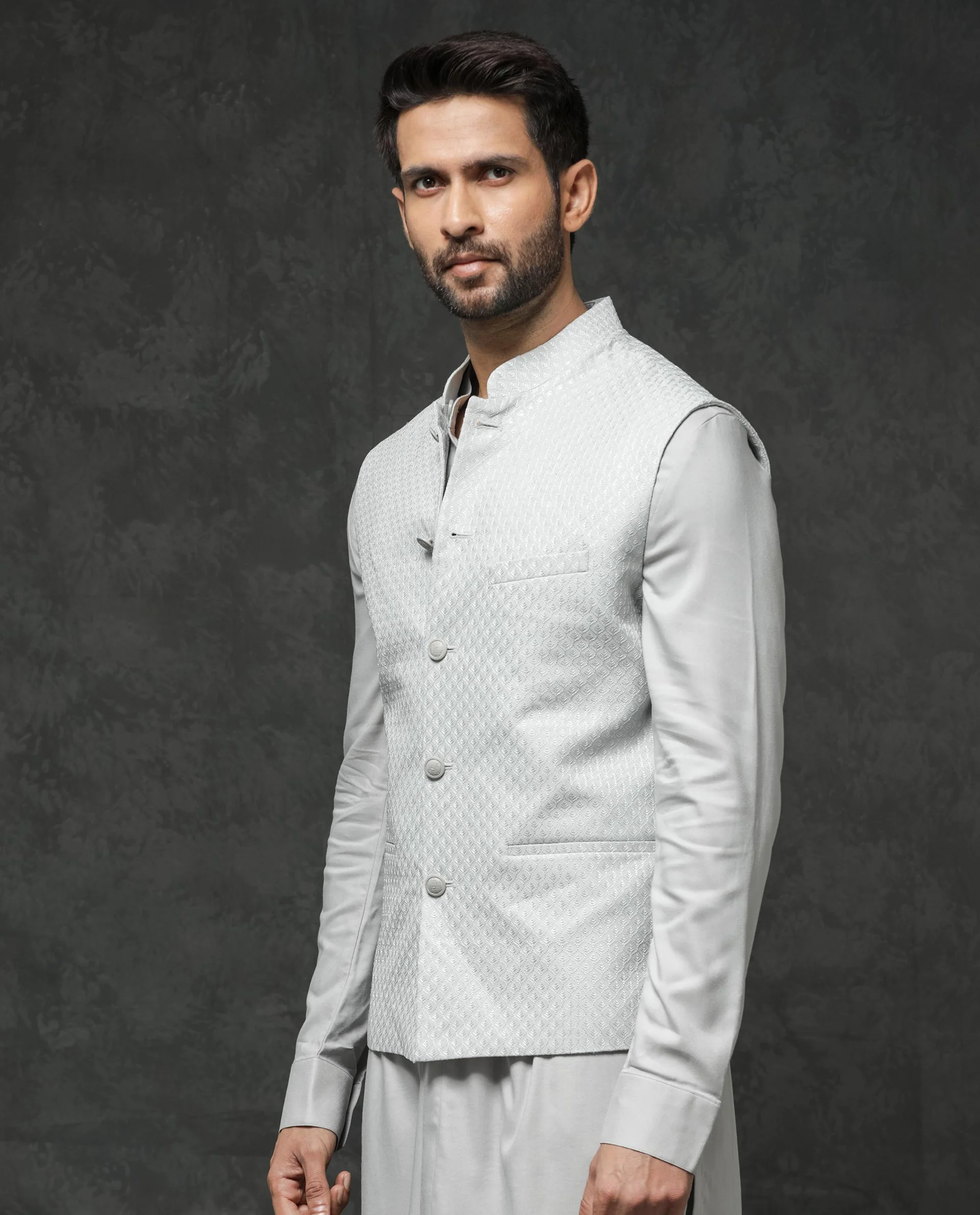 Rare Rabbit Men's Guild Festive Lasmos B1 Light Grey Viscose Embroidered Regular Fit Sleeveless Mandarin Collar Bandhgala Rare Rabbit Men's Lasmos-B1 Beige Viscose Embroidered Regular Fit Sleeveless Mandarin Collar Bandhgala Nehru Jacket - Image 9