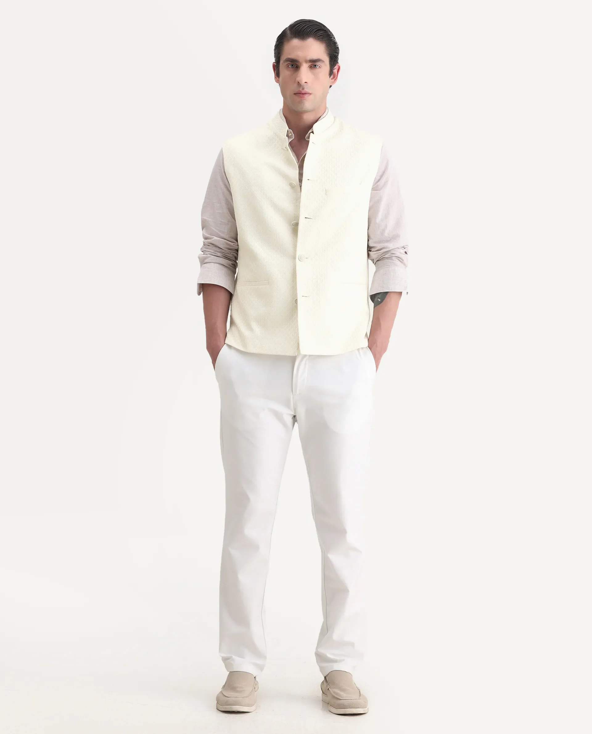 Rare Rabbit Men's Guild Festive Lasmos B1 Off White Viscose Embroidered Regular Fit Sleeveless Mandarin Collar Bandhgala Rare Rabbit Men's Lasmos-B1 Beige Viscose Embroidered Regular Fit Sleeveless Mandarin Collar Bandhgala Nehru Jacket - Image 2