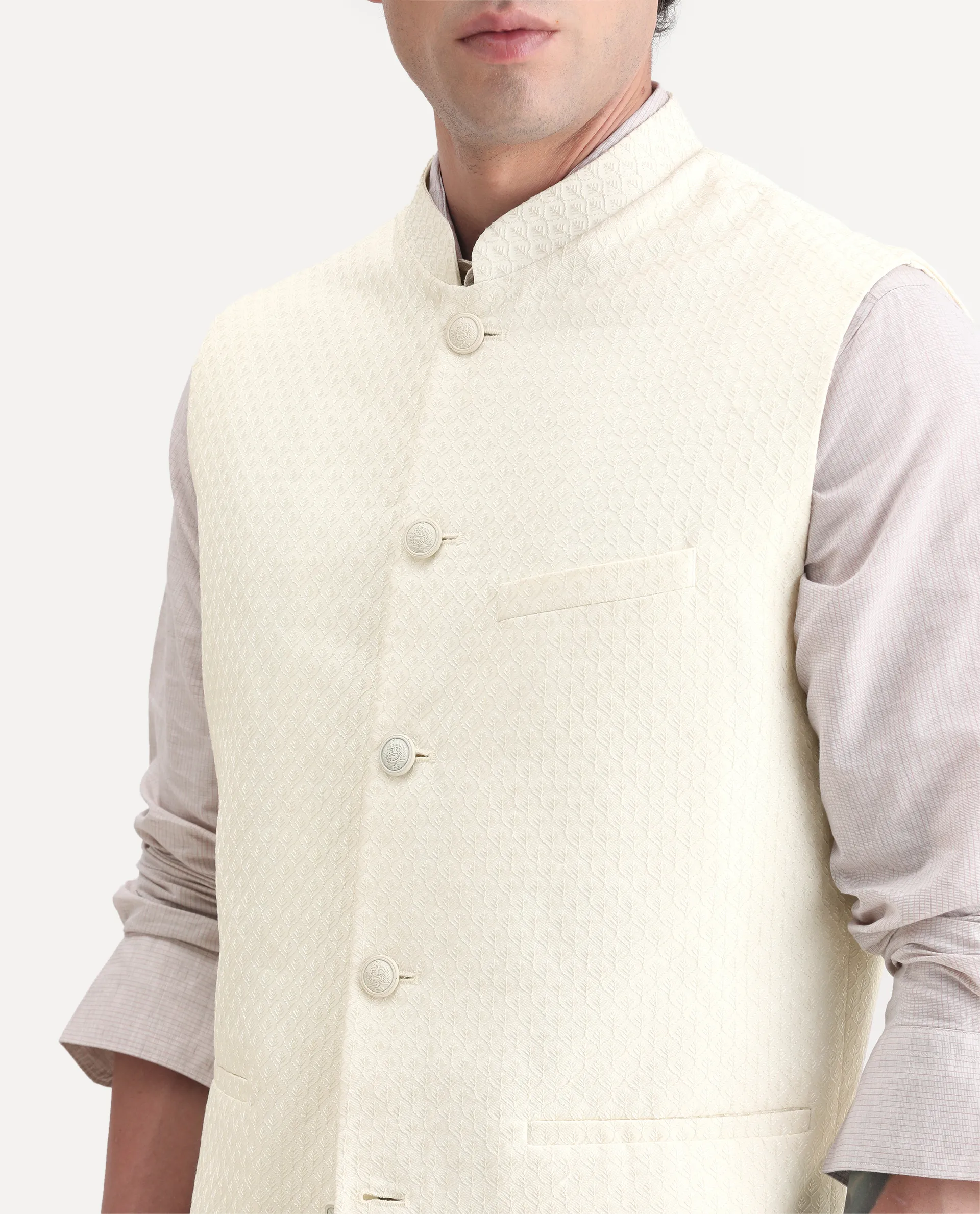 Rare Rabbit Men's Guild Festive Lasmos B1 Off White Viscose Embroidered Regular Fit Sleeveless Mandarin Collar Bandhgala Rare Rabbit Men's Lasmos-B1 Beige Viscose Embroidered Regular Fit Sleeveless Mandarin Collar Bandhgala Nehru Jacket - Image 3