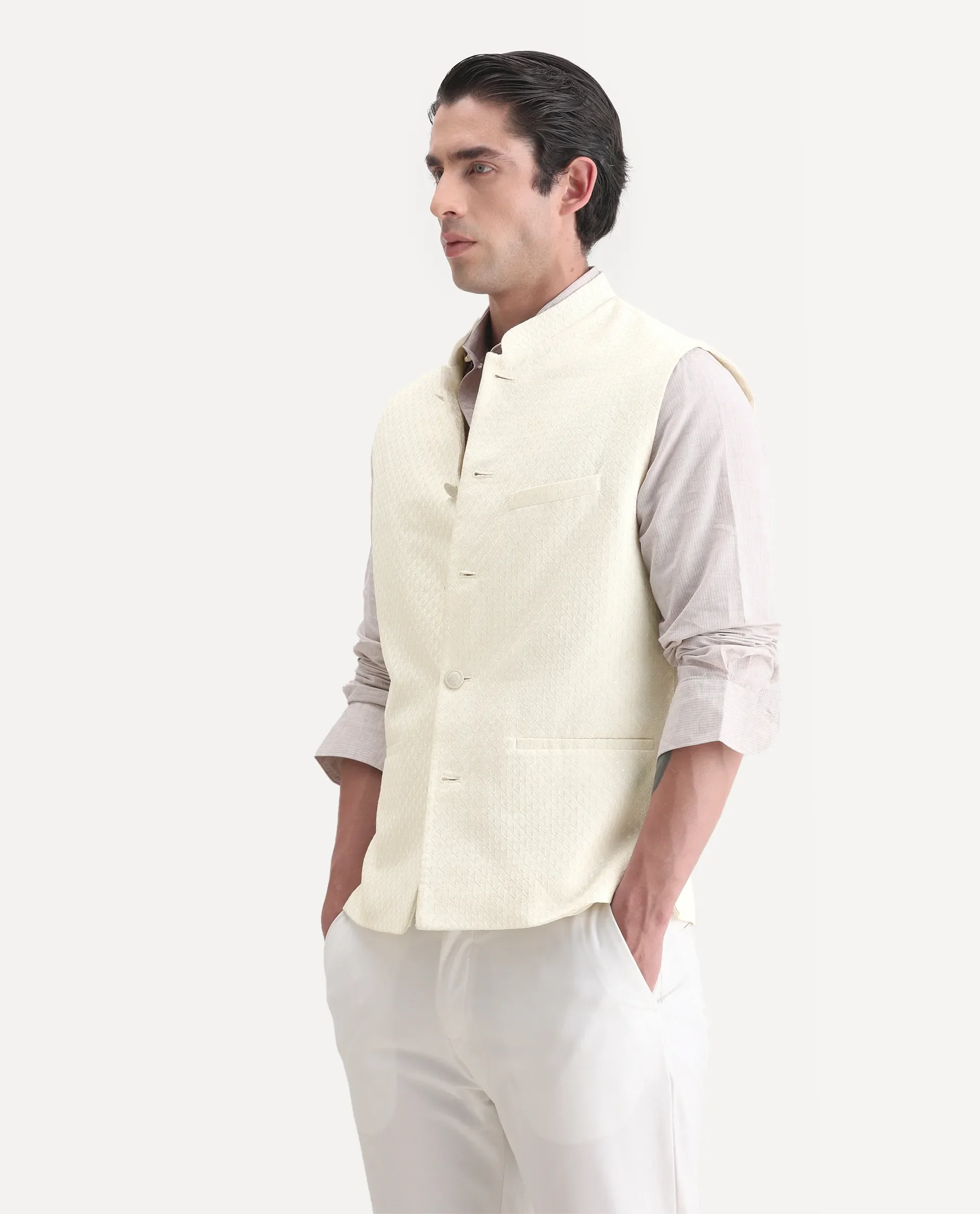 Rare Rabbit Men's Guild Festive Lasmos B1 Off White Viscose Embroidered Regular Fit Sleeveless Mandarin Collar Bandhgala Rare Rabbit Men's Lasmos-B1 Beige Viscose Embroidered Regular Fit Sleeveless Mandarin Collar Bandhgala Nehru Jacket - Image 4