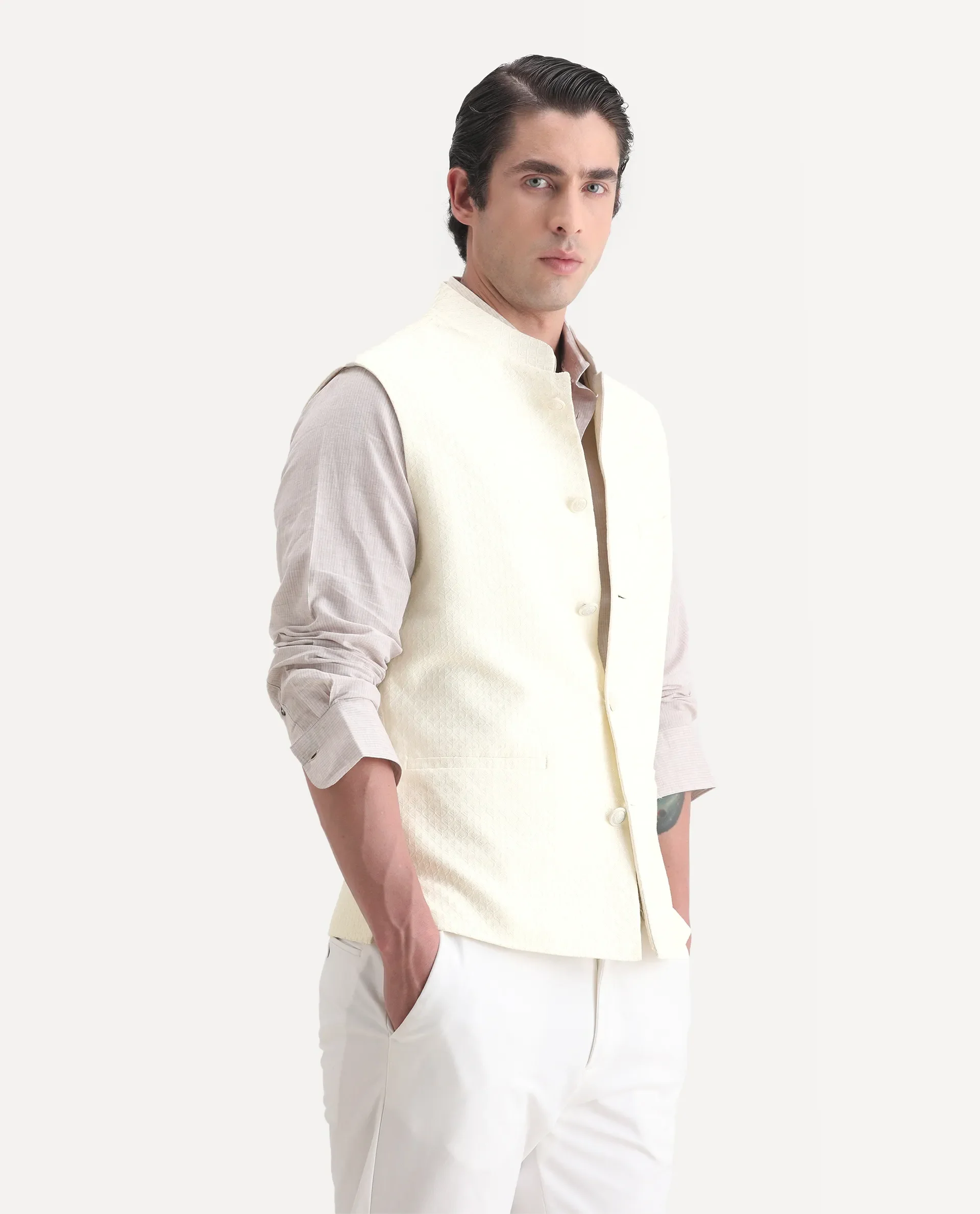 Rare Rabbit Men's Guild Festive Lasmos B1 Off White Viscose Embroidered Regular Fit Sleeveless Mandarin Collar Bandhgala Rare Rabbit Men's Lasmos-B1 Beige Viscose Embroidered Regular Fit Sleeveless Mandarin Collar Bandhgala Nehru Jacket - Image 5