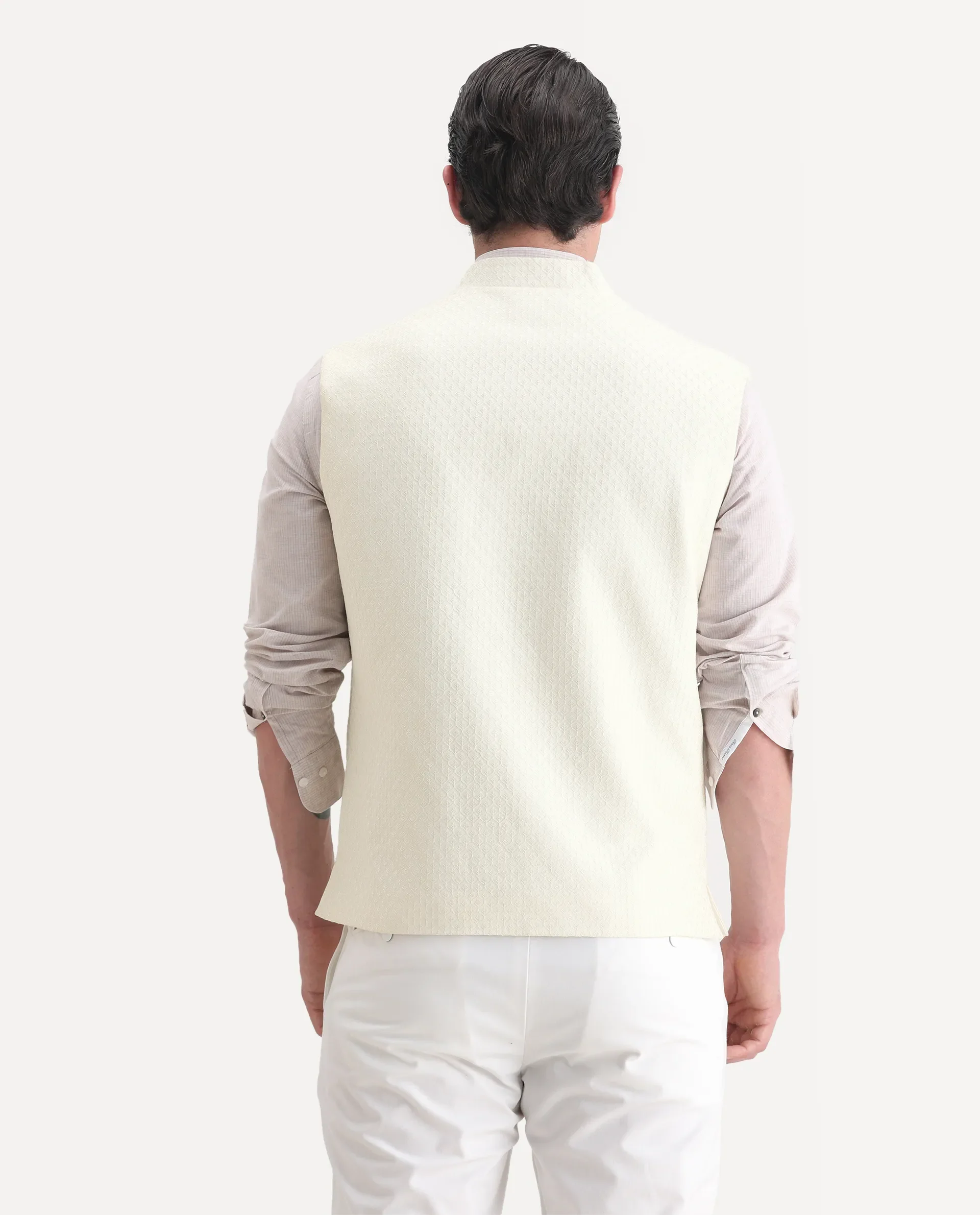 Rare Rabbit Men's Guild Festive Lasmos B1 Off White Viscose Embroidered Regular Fit Sleeveless Mandarin Collar Bandhgala Rare Rabbit Men's Lasmos-B1 Beige Viscose Embroidered Regular Fit Sleeveless Mandarin Collar Bandhgala Nehru Jacket - Image 6