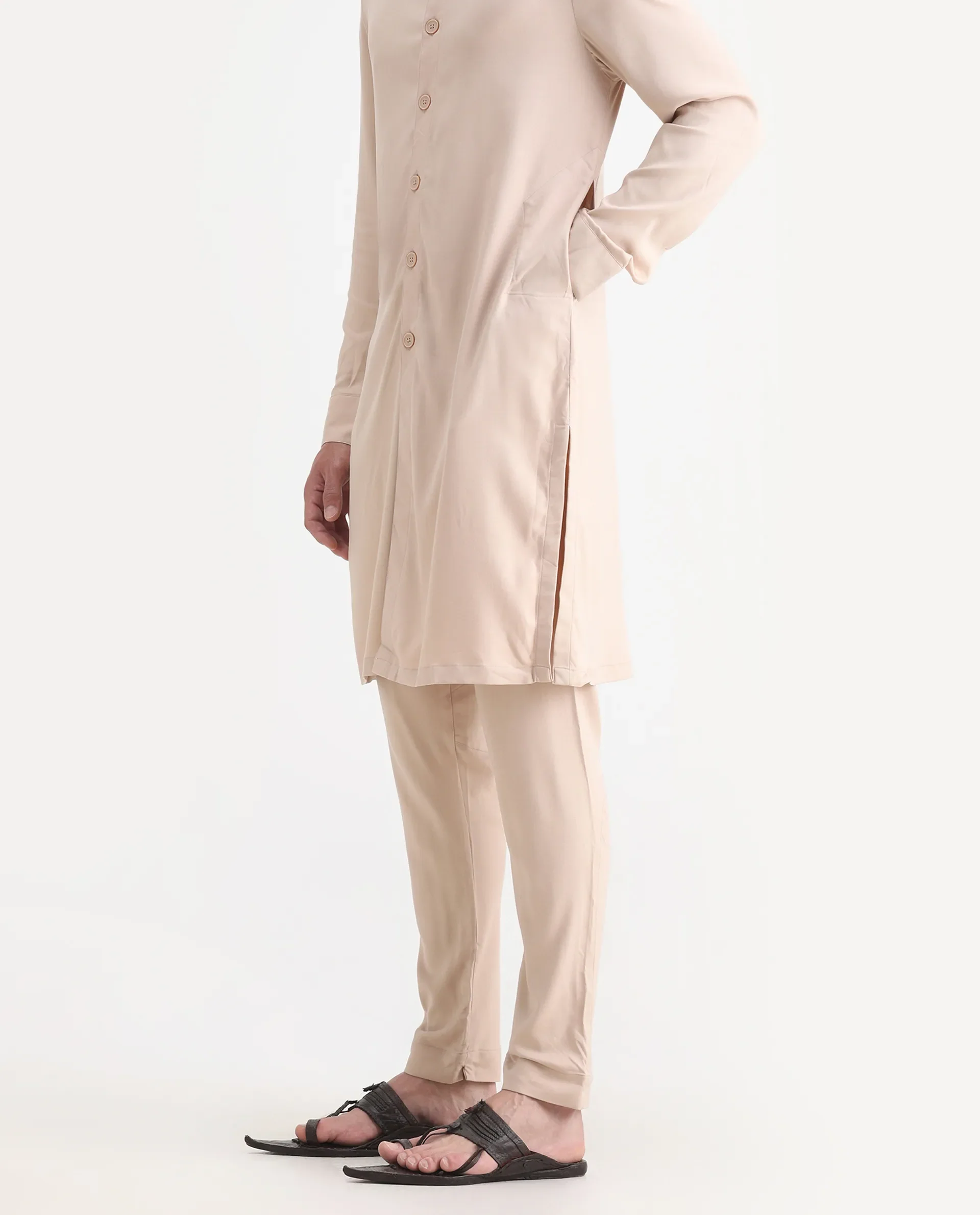 Rare Rabbit Men's Lasmos-K Beige Plain Regular Fit Full Sleeve Mandarin Collar Kurta - Image 2