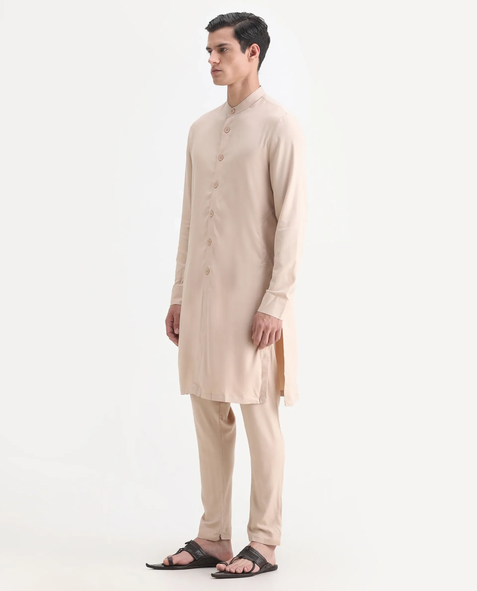 Rare Rabbit Men's Lasmos-K Beige Plain Regular Fit Full Sleeve Mandarin Collar Kurta - Image 4