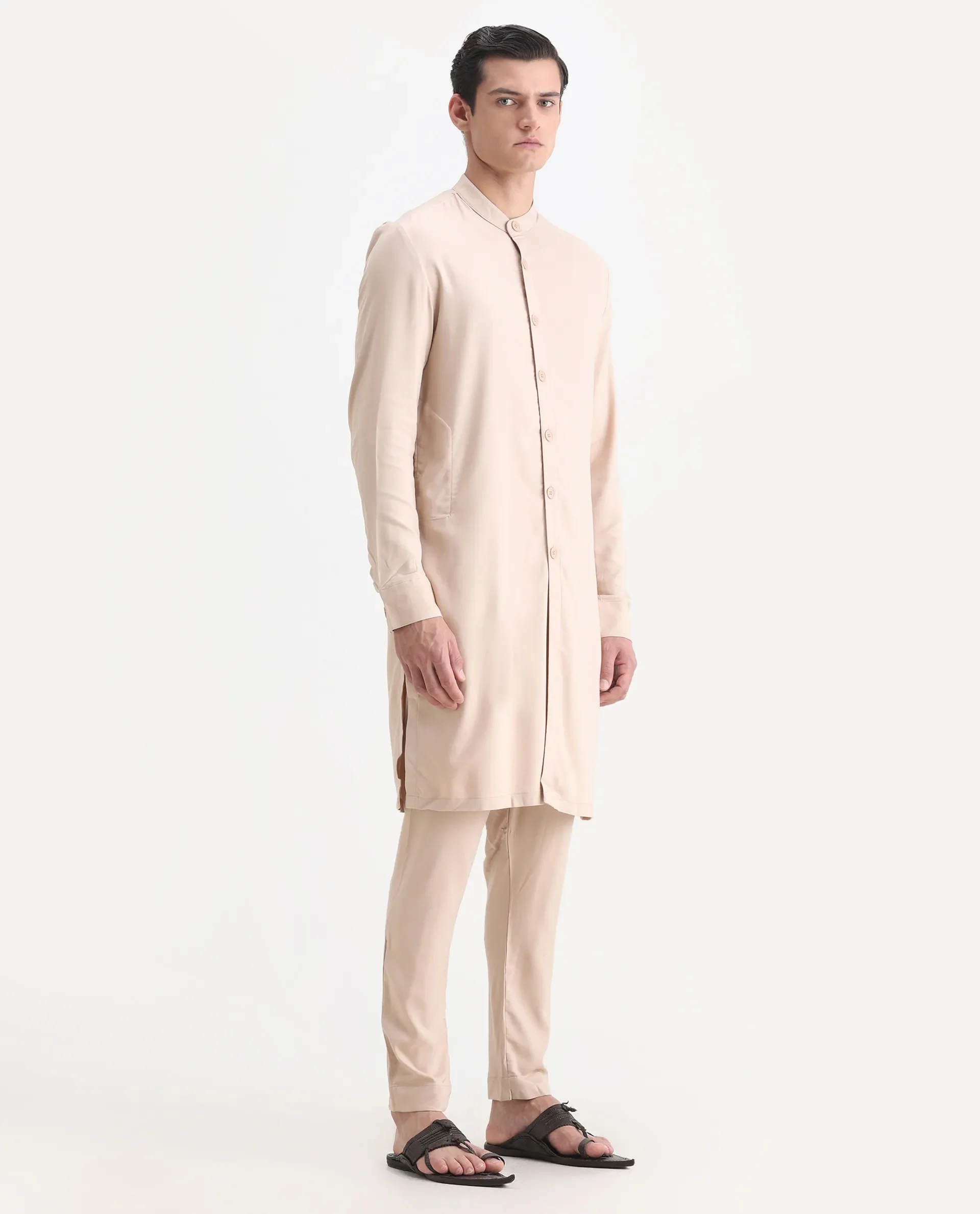 Rare Rabbit Men's Lasmos-K Beige Plain Regular Fit Full Sleeve Mandarin Collar Kurta - Image 5