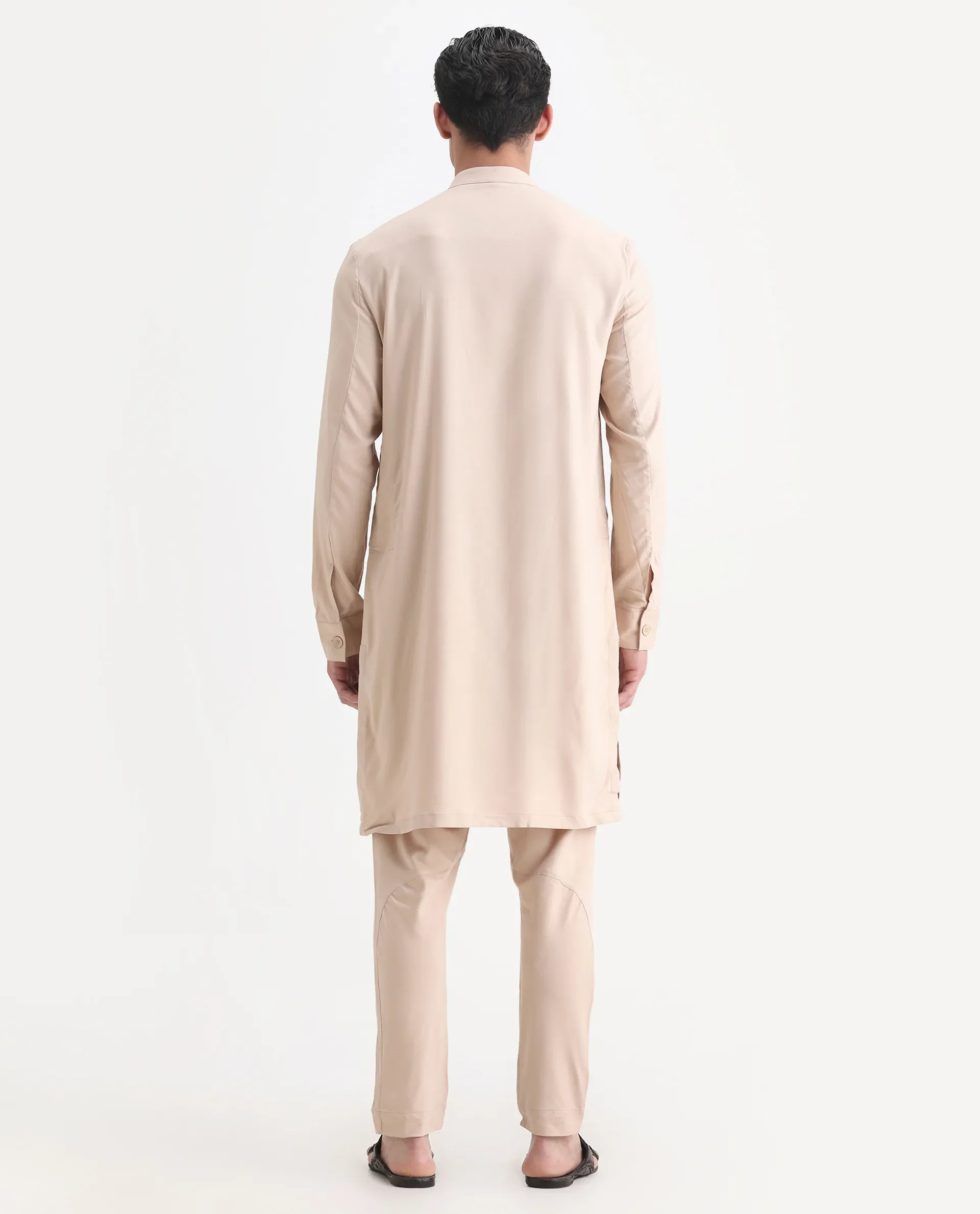 Rare Rabbit Men's Lasmos-K Beige Plain Regular Fit Full Sleeve Mandarin Collar Kurta - Image 6