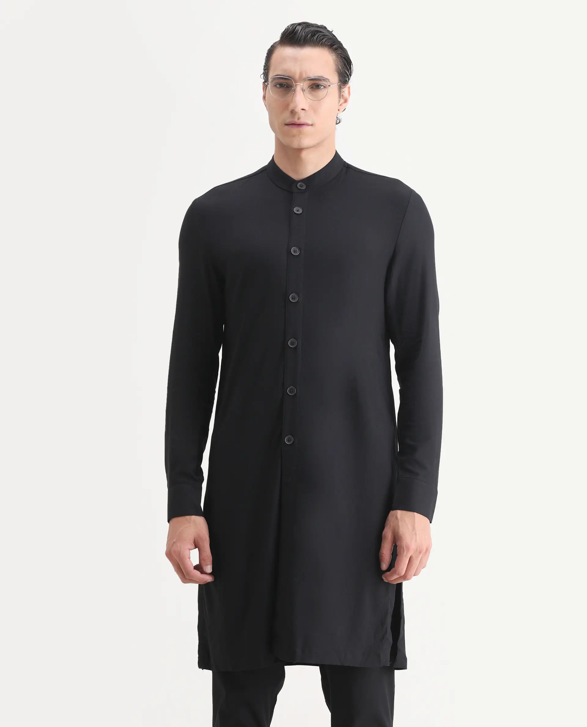 Rare Rabbit Men's Lasmosk Black Plain Regular Fit Full Sleeve Mandarin Collar Kurta