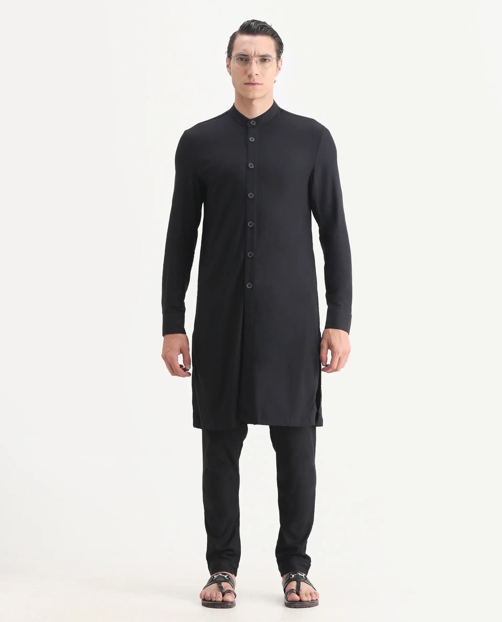 Rare Rabbit Men's Lasmosk Black Plain Regular Fit Full Sleeve Mandarin Collar Kurta - Image 2