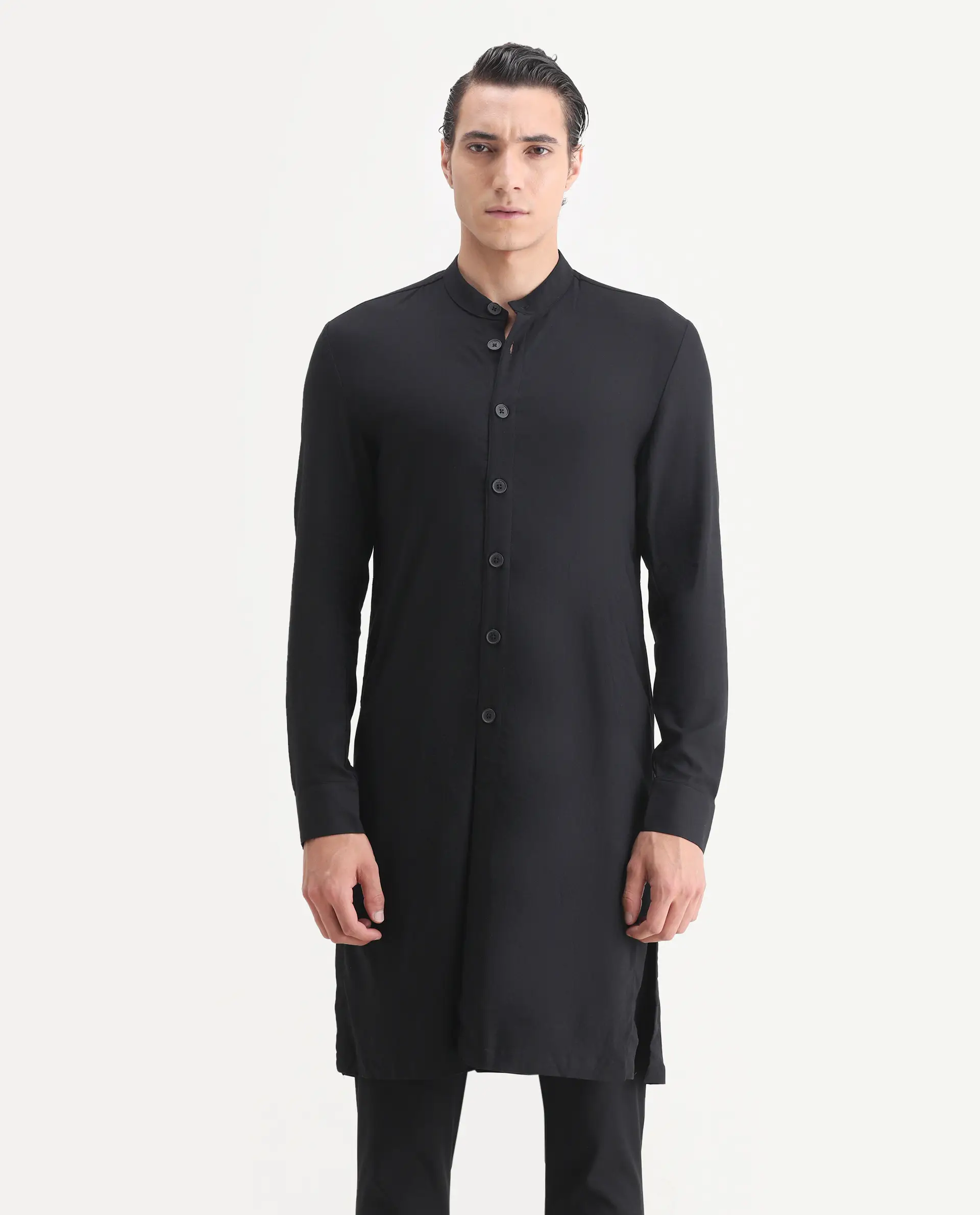 Rare Rabbit Men's Lasmosk Black Plain Regular Fit Full Sleeve Mandarin Collar Kurta - Image 4