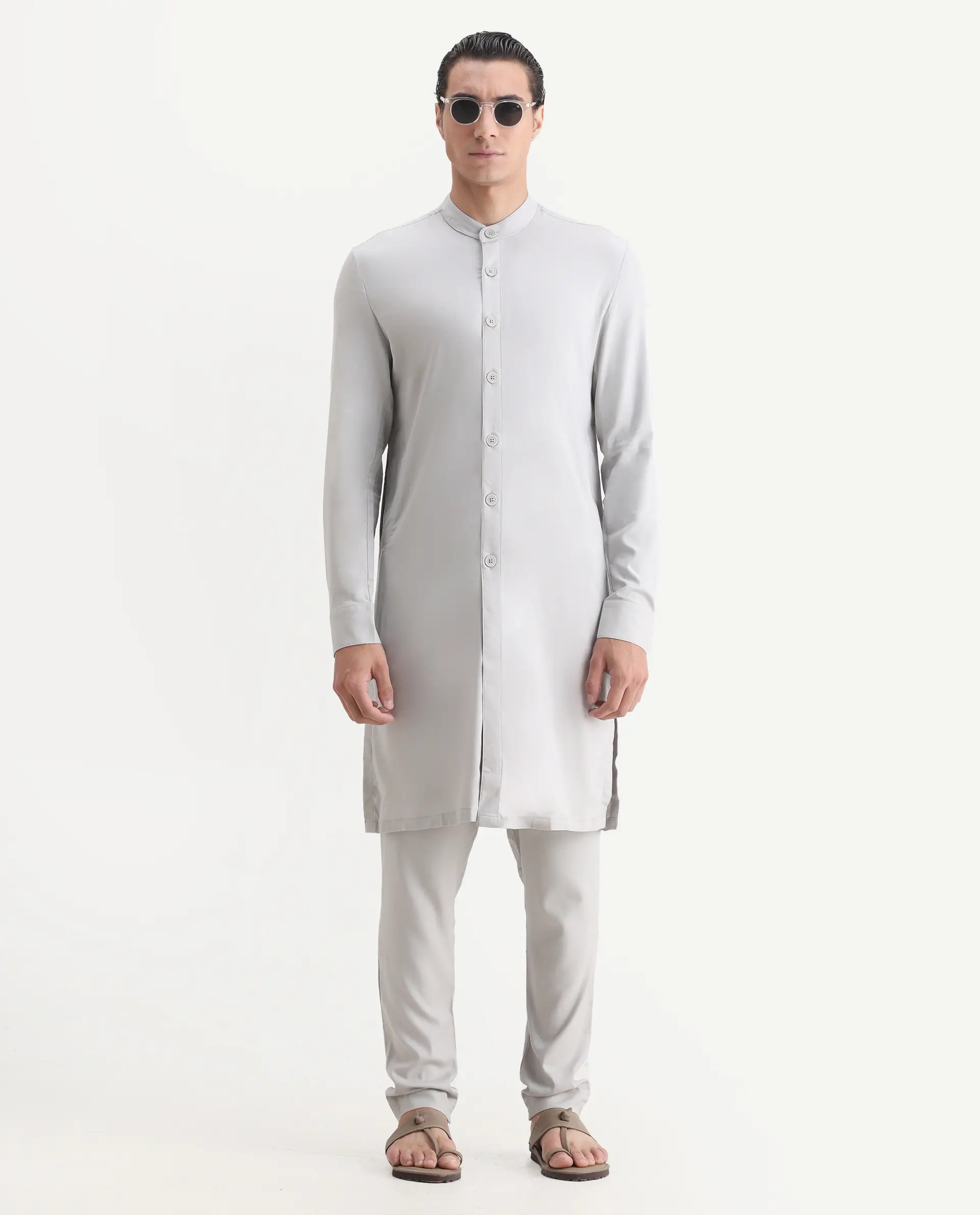 Rare Rabbit Men's Lasmosk Light Grey Plain Regular Fit Full Sleeve Mandarin Collar Kurta - Image 2