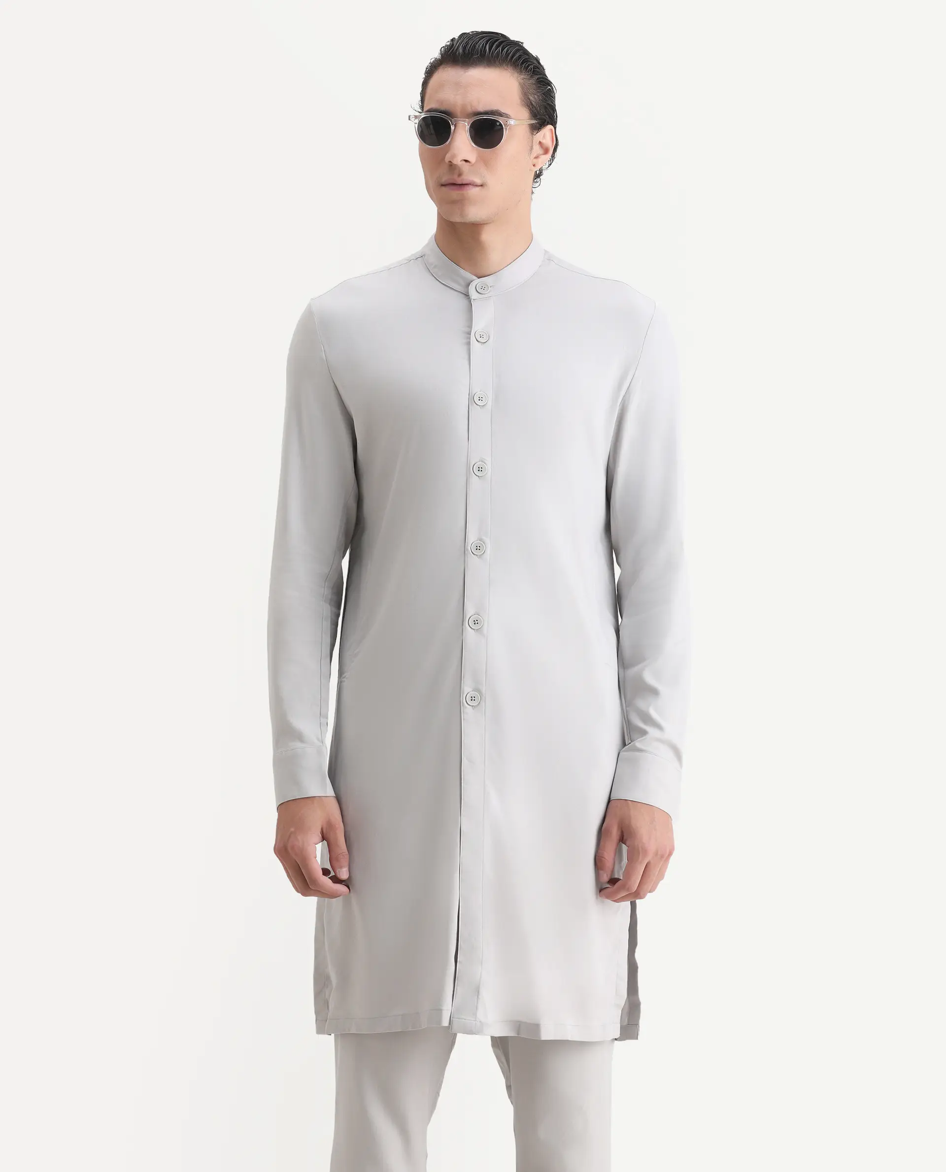 Rare Rabbit Men's Lasmosk Light Grey Plain Regular Fit Full Sleeve Mandarin Collar Kurta - Image 4