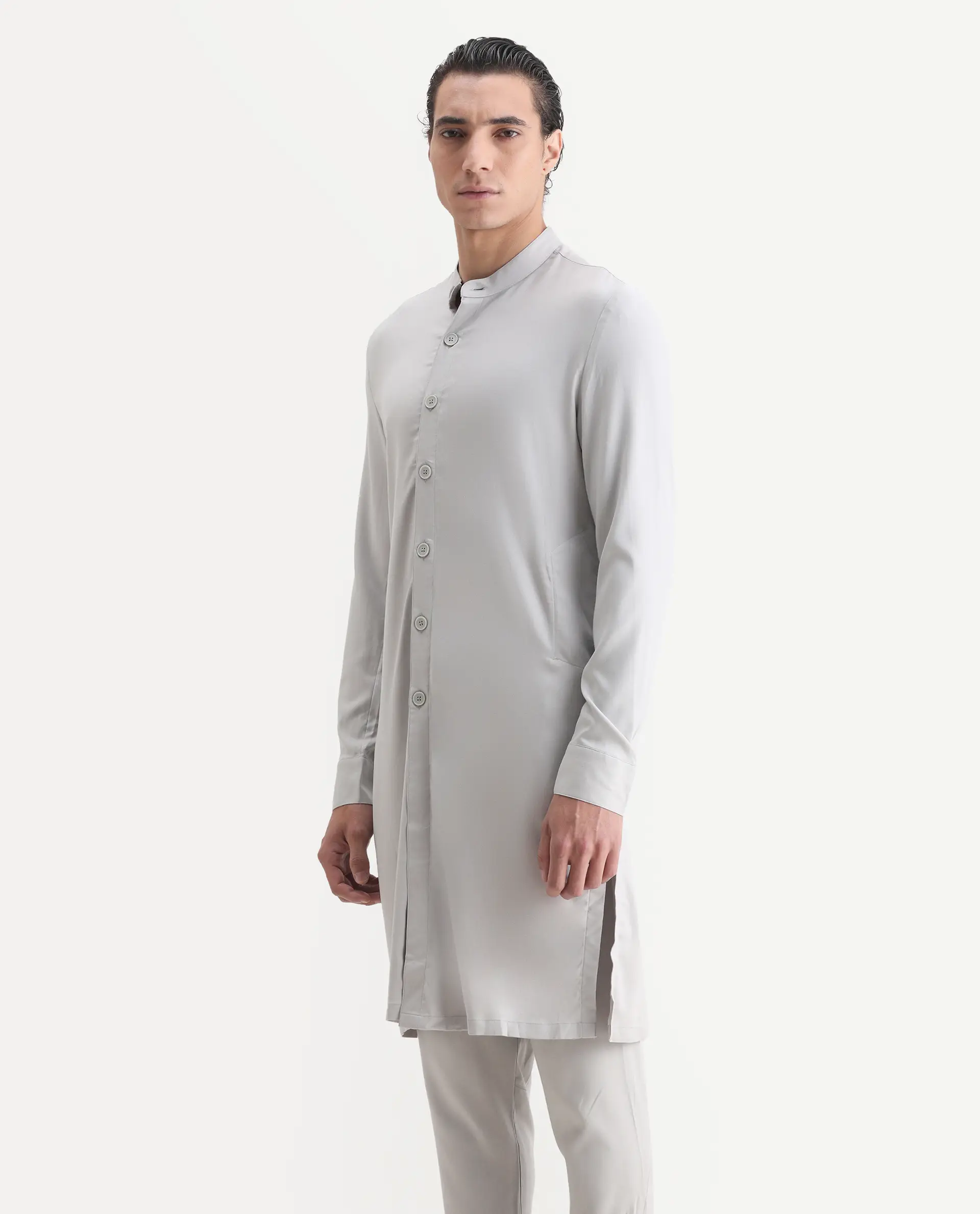 Rare Rabbit Men's Lasmosk Light Grey Plain Regular Fit Full Sleeve Mandarin Collar Kurta - Image 5