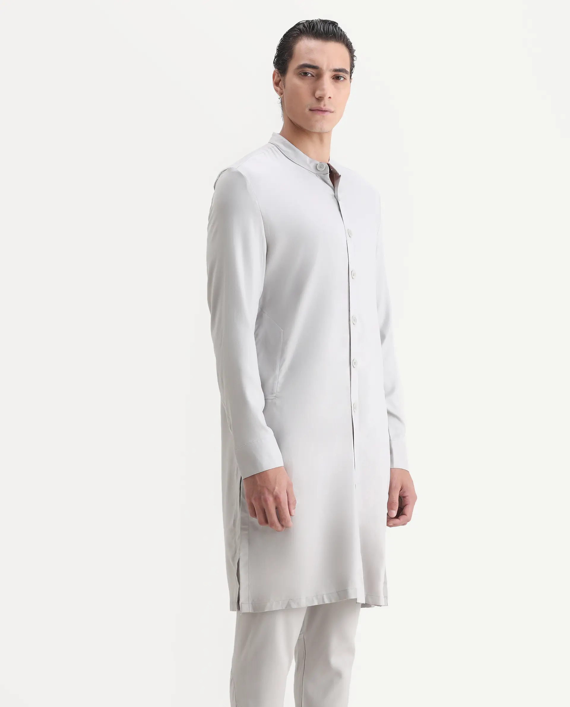 Rare Rabbit Men's Lasmosk Light Grey Plain Regular Fit Full Sleeve Mandarin Collar Kurta - Image 6
