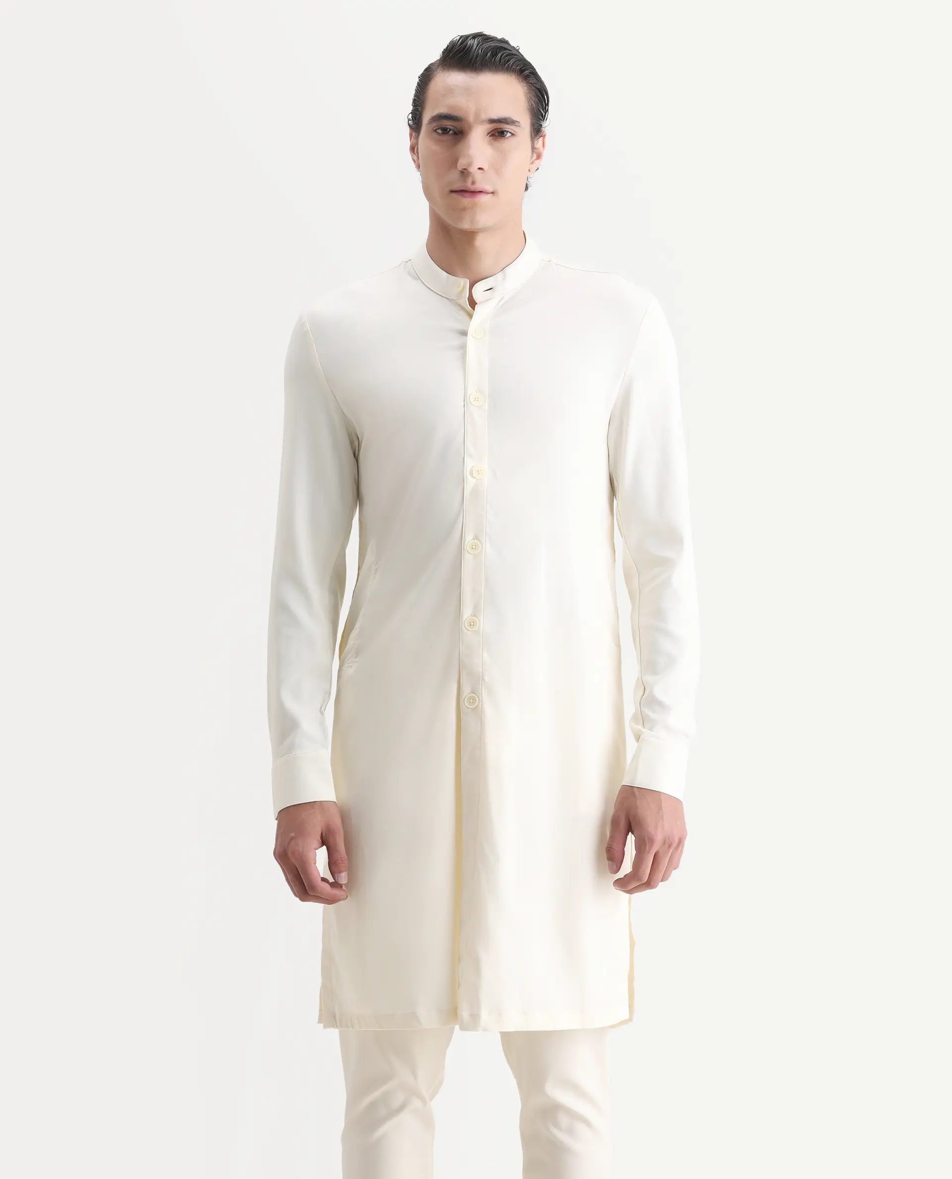 Rare Rabbit Men's Lasmosk Off White Plain Regular Fit Full Sleeve Mandarin Collar Kurta - Image 4