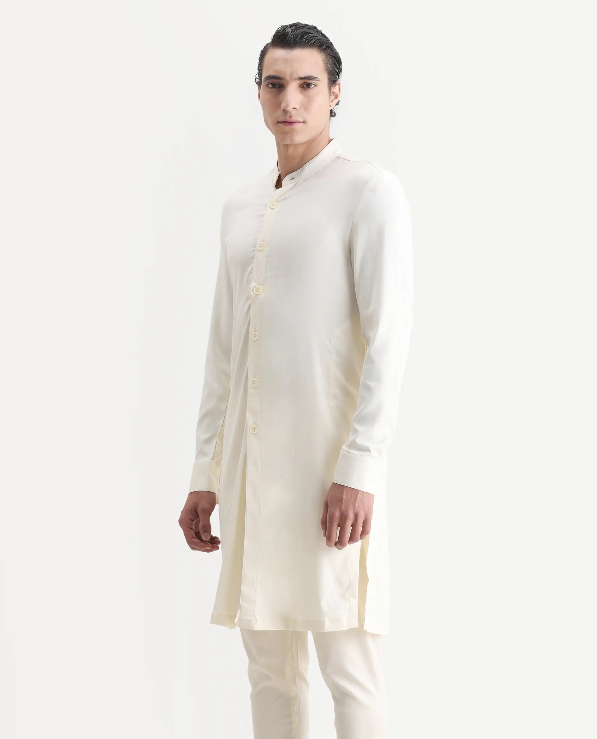 Rare Rabbit Men's Lasmosk Off White Plain Regular Fit Full Sleeve Mandarin Collar Kurta - Image 5