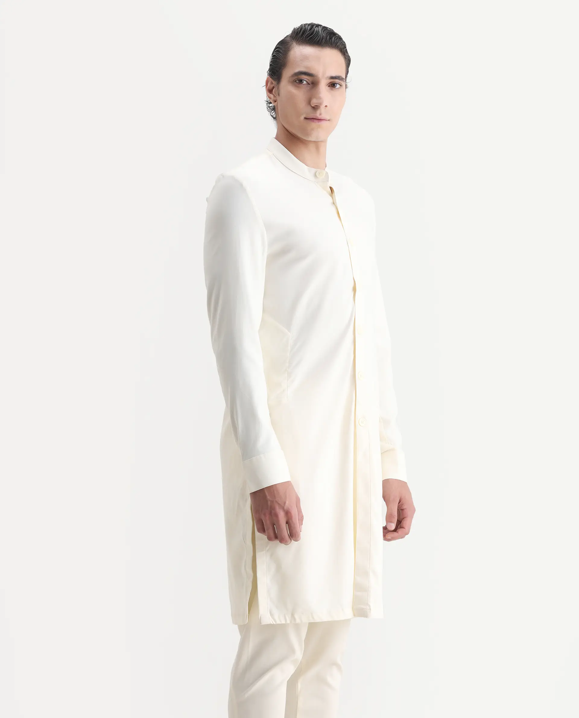 Rare Rabbit Men's Lasmosk Off White Plain Regular Fit Full Sleeve Mandarin Collar Kurta - Image 6