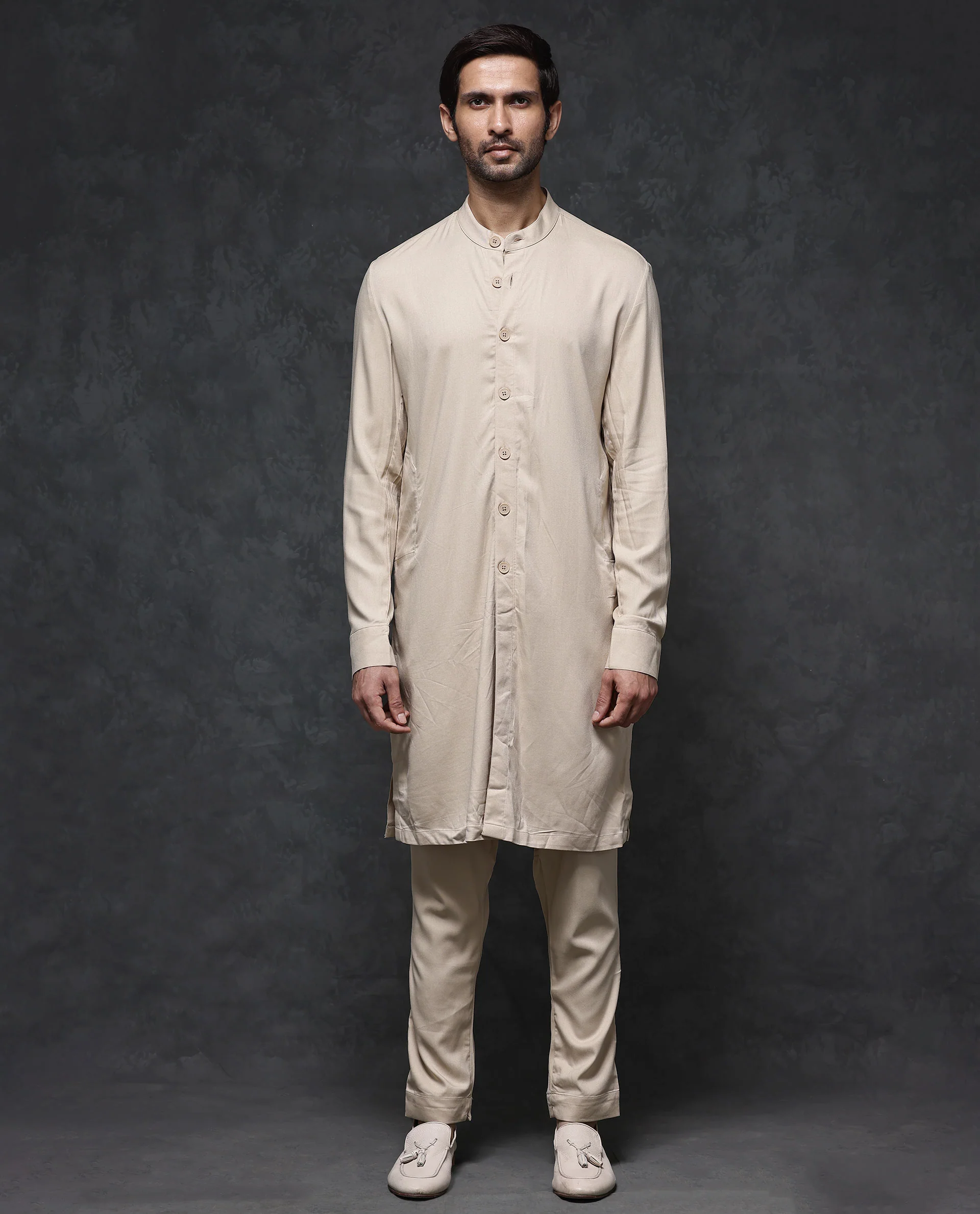 Rare Rabbit Men's Lasmos-K1 Beige Viscose Plain Regular Fit Full Sleeve Mandarin Collar Kurta