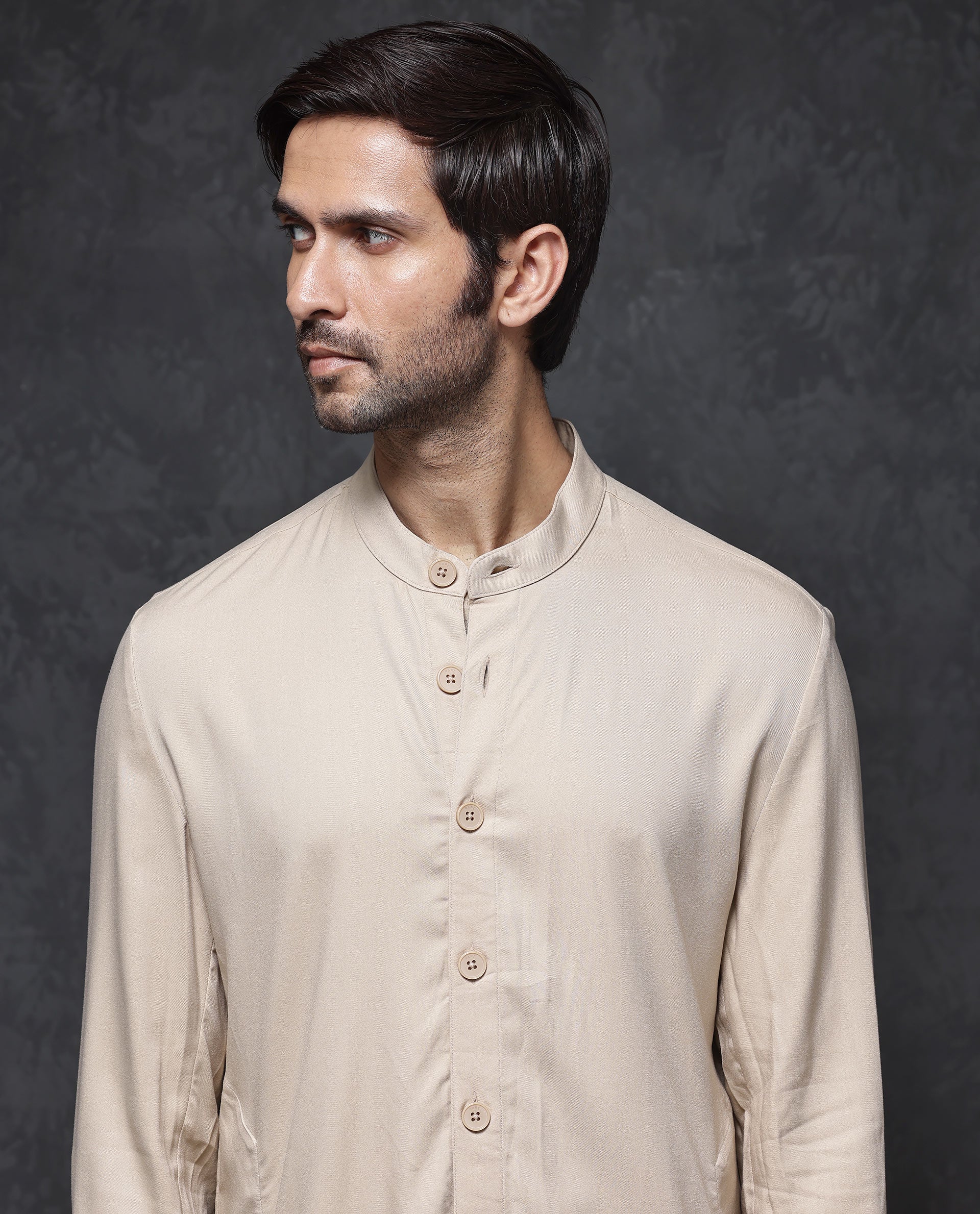 Rare Rabbit Men's Lasmos-K1 Beige Viscose Plain Regular Fit Full Sleeve Mandarin Collar Kurta - Image 2