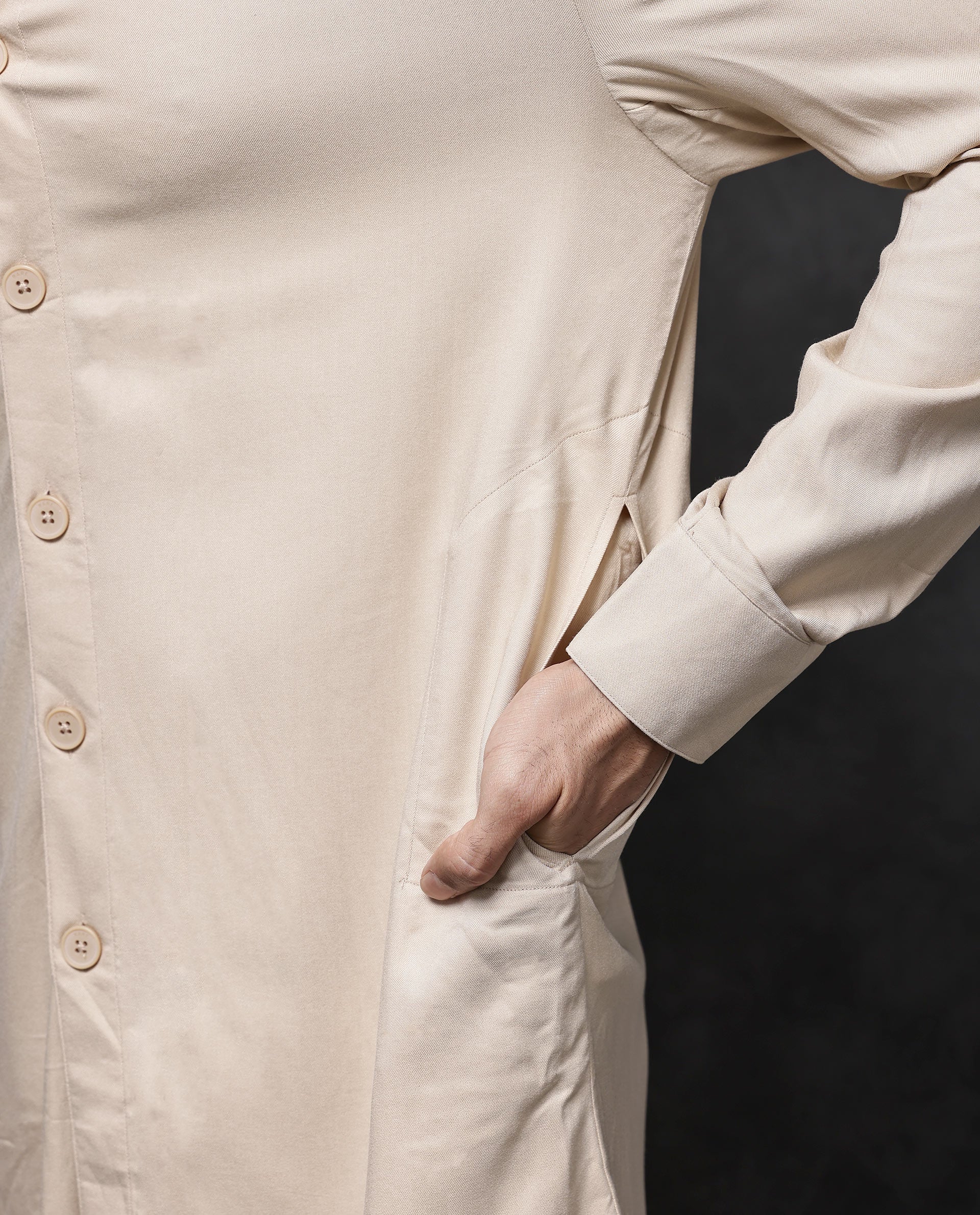 Rare Rabbit Men's Lasmos-K1 Beige Viscose Plain Regular Fit Full Sleeve Mandarin Collar Kurta - Image 3